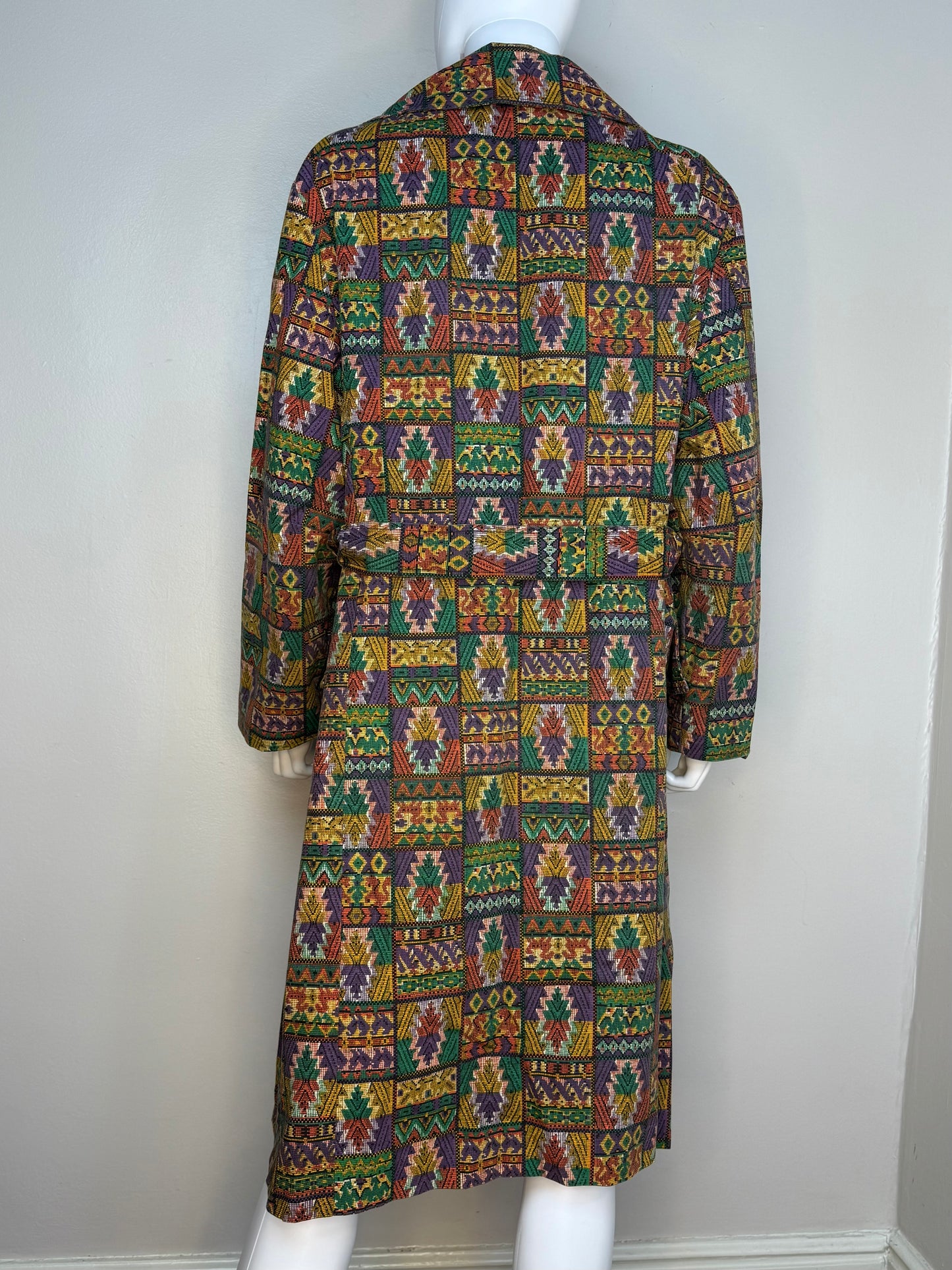 1970s Colorful Aztec Print Trench Coat, Sears Size Large-XL