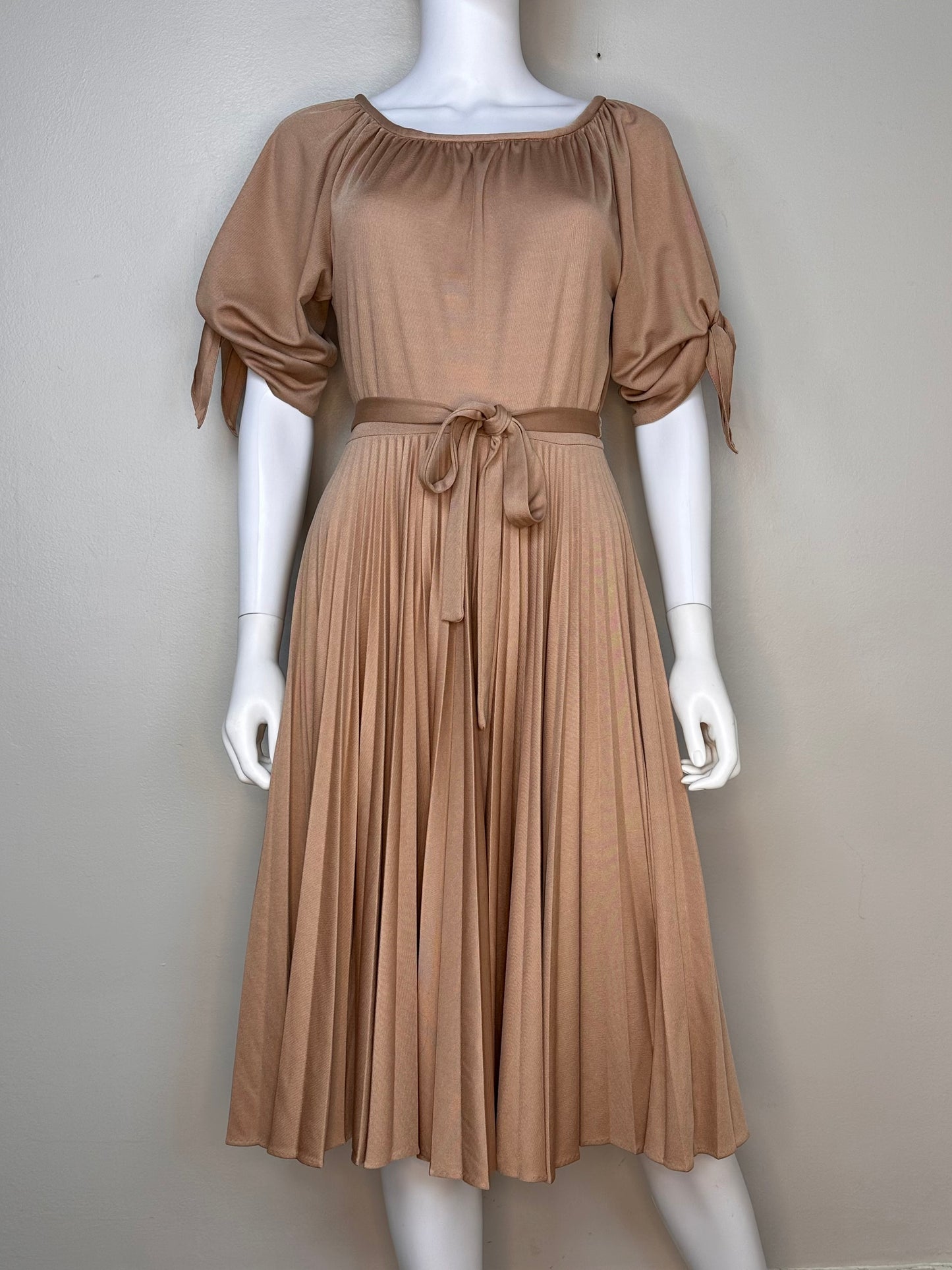 1970s Mocha Brown Polyester Midi Dress with Pleated Skirt, Size XS/Small