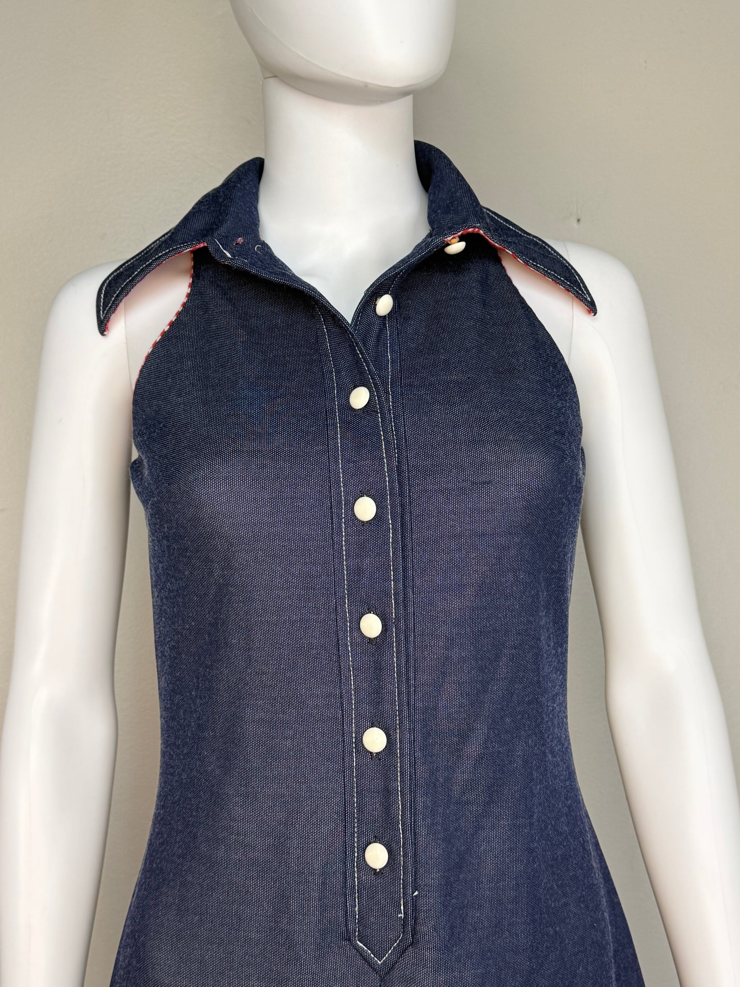 1970s Blue Double Knit Maxi Shirt Dress with Gingham Trim, Melissa Lane Size Small/Medium