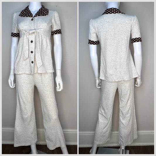 1970s Knit Short Sleeve Pant Suit, Size Small, Beige with Brown and White Polka Dot Collar, Cropped Flare Leg Pants