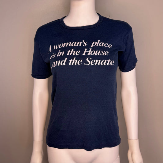1970s Feminist T-Shirt, A Woman’s Place is in the House and the Senate, Size Medium, Femme Cut Ringer Tee