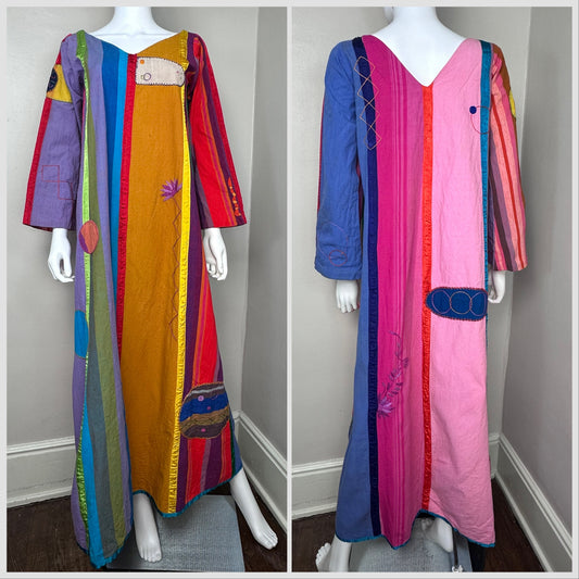 1960s/70s Josefa Rainbow Patchwork Embroidered Mexican Caftan Dress, Size XS-Small, One of a Kind