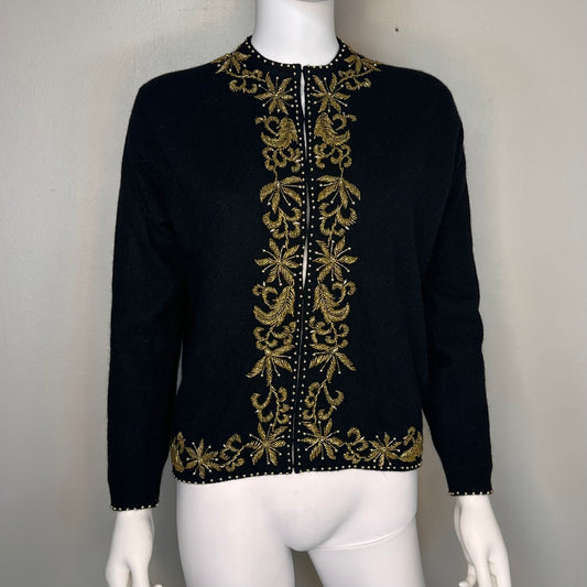 1960s Black Angora Blend Cardigan with Gold Beading, Marshall Field & Company Size Medium