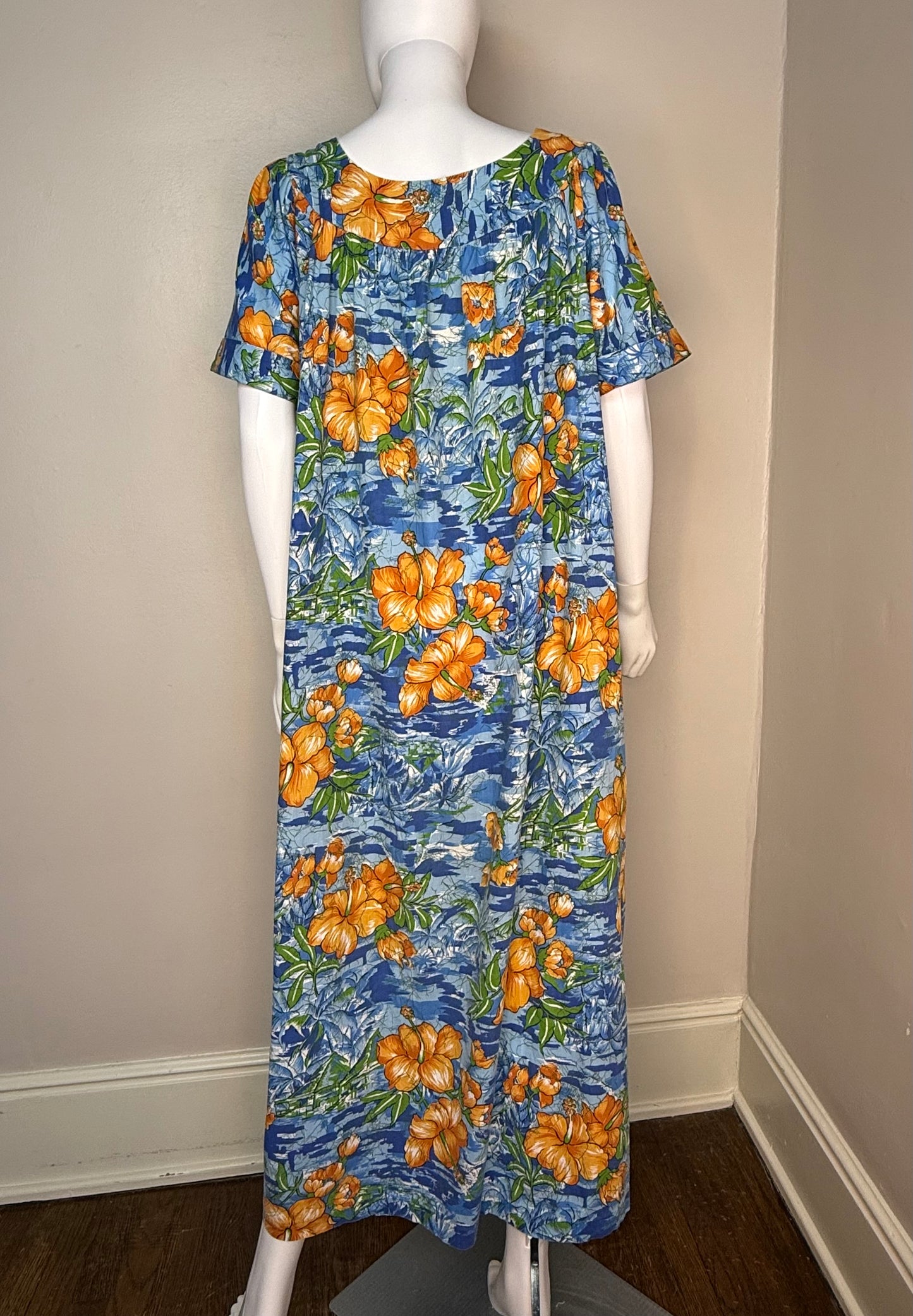 1970s Hawaiian Novelty Print Floral Maxi Dress, Sears Hawaiian Loungers Size Large, Cotton Kaftan Muumuu