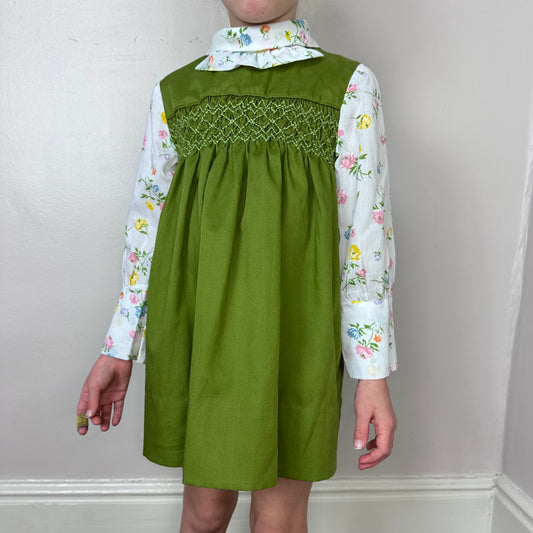 1970s Green Smocked Dress with Floral Sleeves and Collar, Size 5