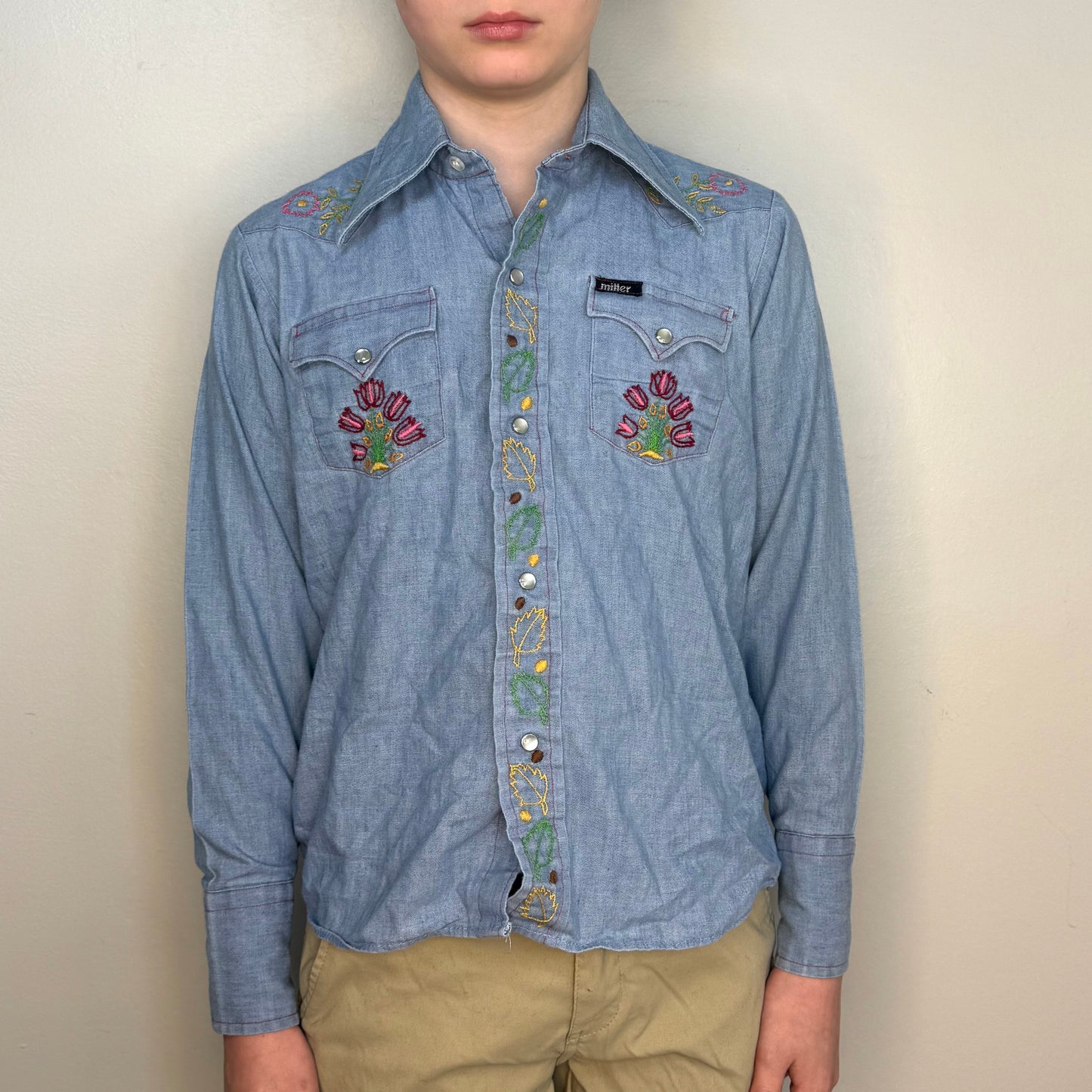 1970s Kids’ Chambray Shirt with Floral Embroidery, Miller Western Wear Size 10/12