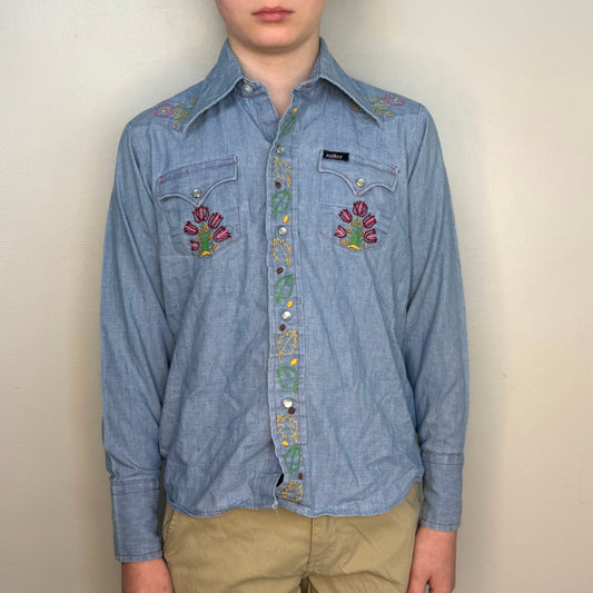 1970s Kids’ Chambray Shirt with Floral Embroidery, Miller Western Wear Size 10/12