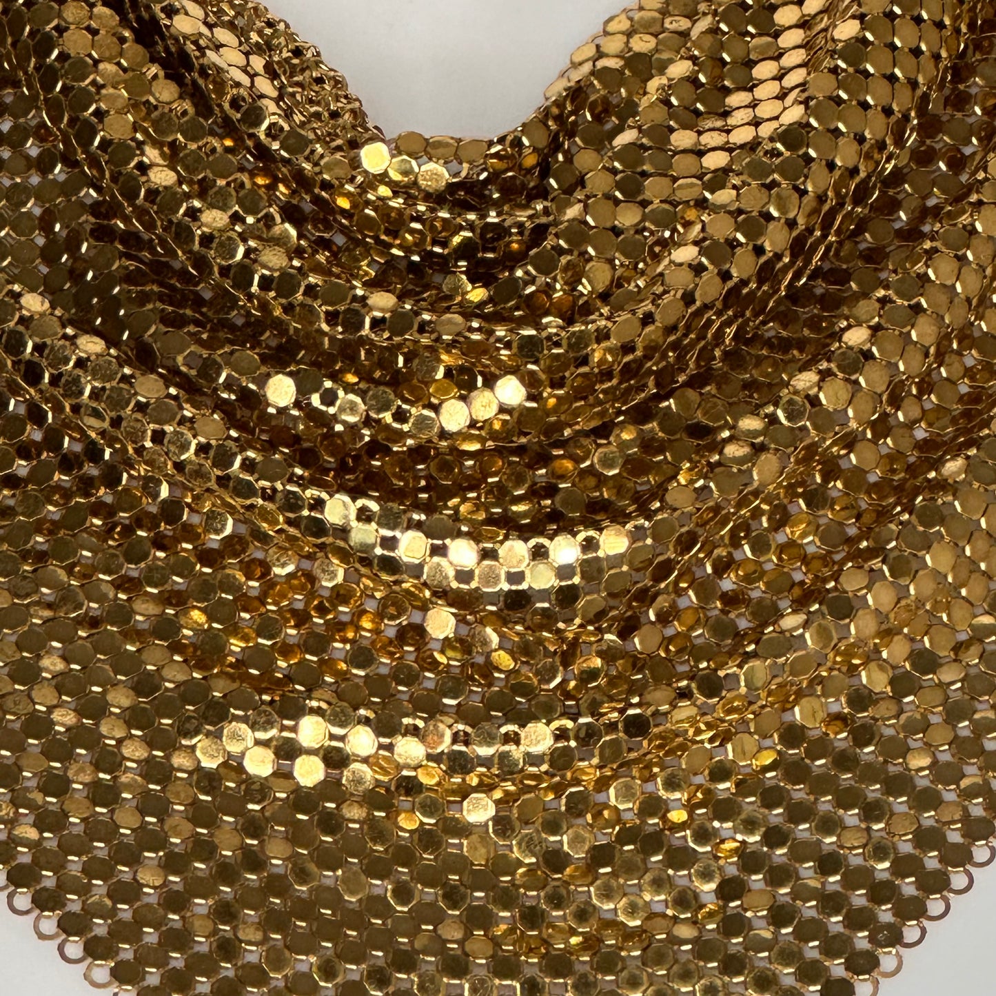 1980s Whiting and Davis Gold Tone Mesh Bib Necklace and Earrings Set