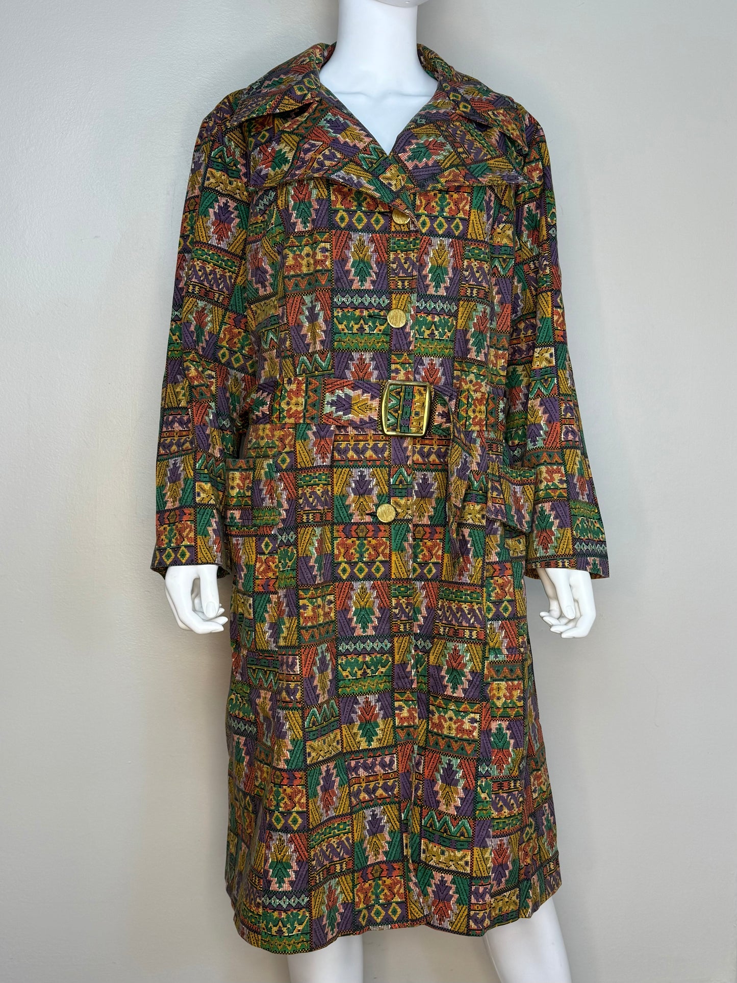 1970s Colorful Aztec Print Trench Coat, Sears Size Large-XL