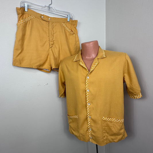 1960s Men’s Cabana Set, Swimsuit and Shirt, Mustard with Plaid Accents, Size Medium, 34" waist