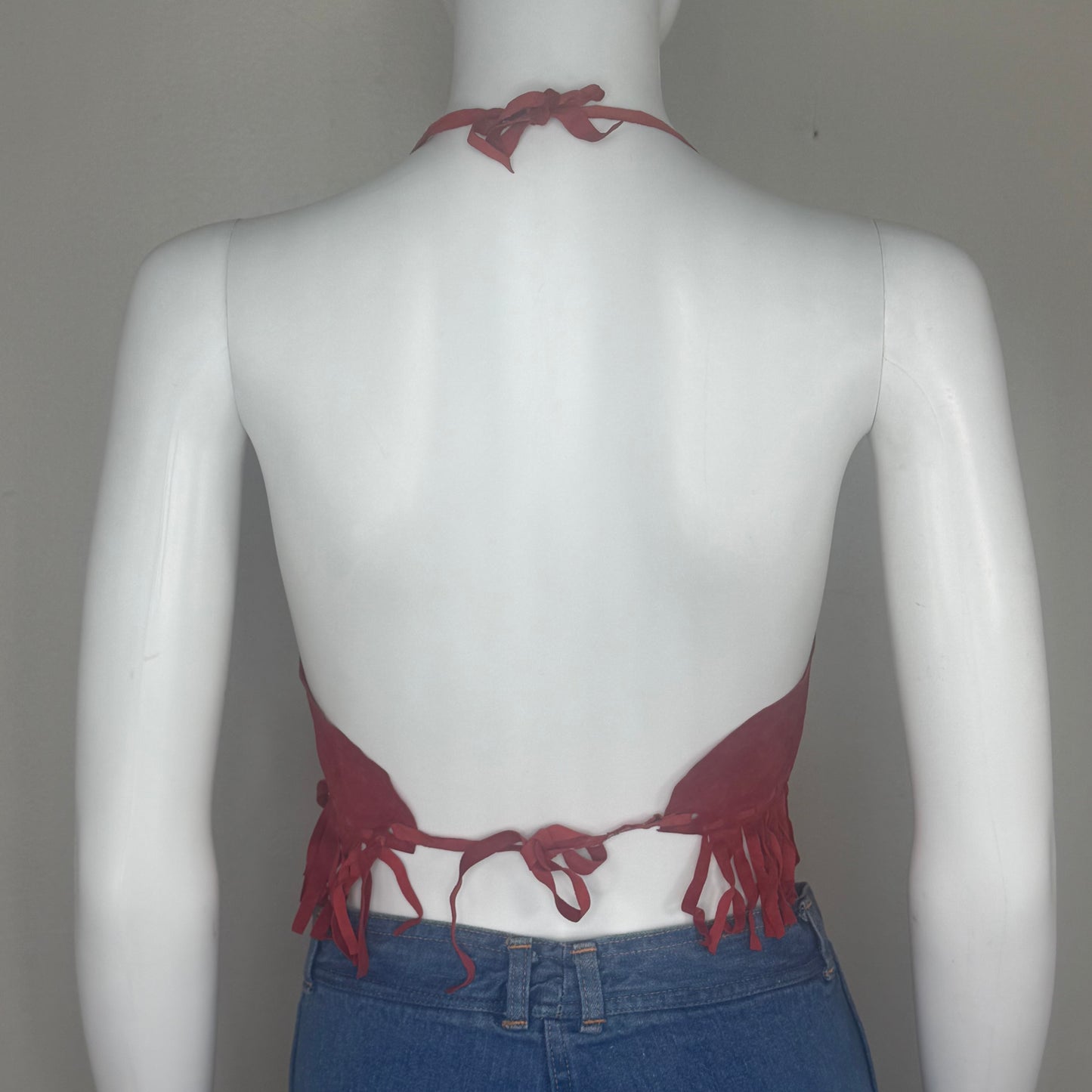 1970s Red Leather Halter Top with Fringe, Cropped, Lace Up Corset Bust, Open Back, Size XS/S