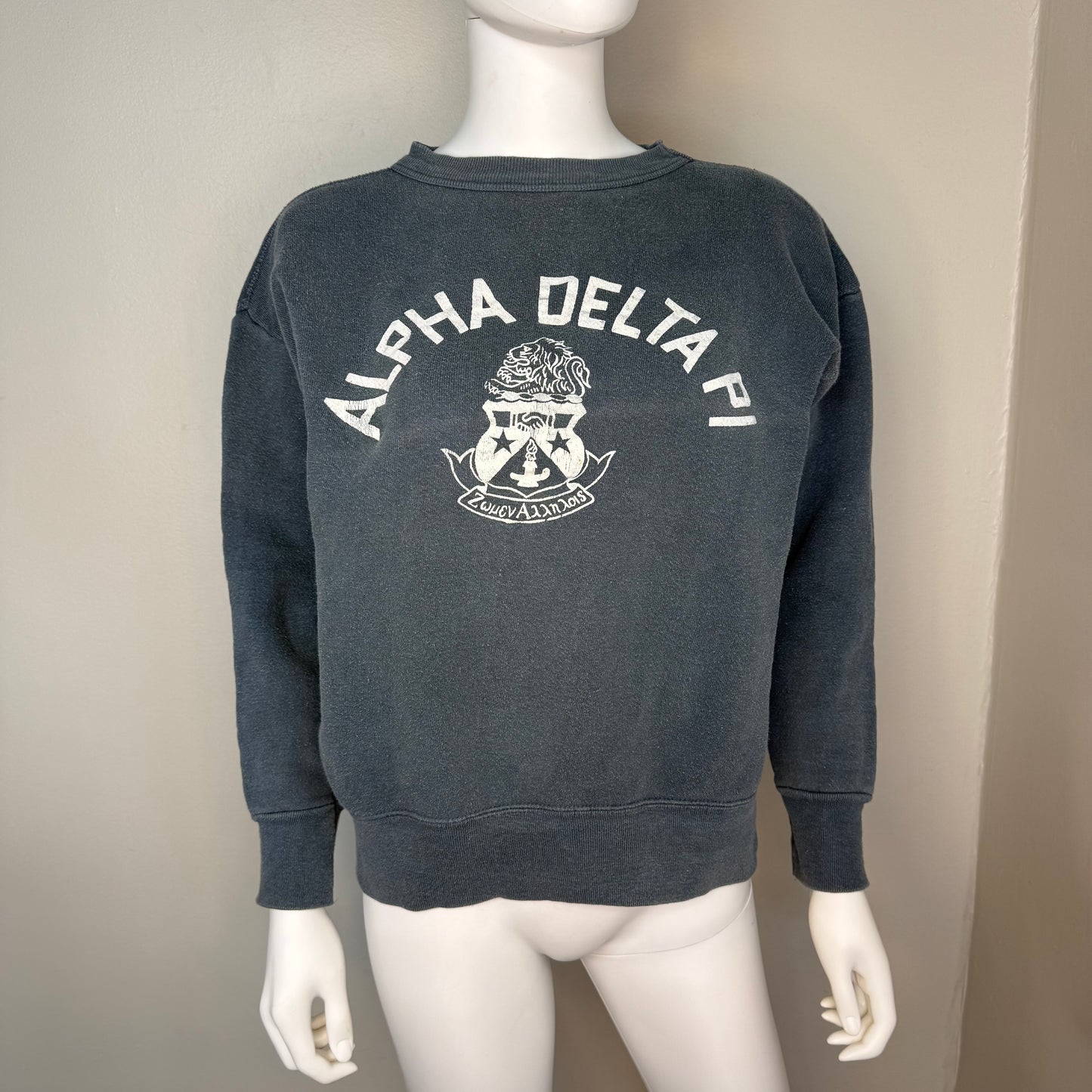 1950s Alpha Delta Pi Sorority Sweatshirt, Faded Navy Blue, Size Medium/Large