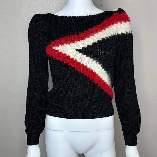 1980s Sweater with Angora Stripes, Sheila Raymond Size XS, Puff Sleeve