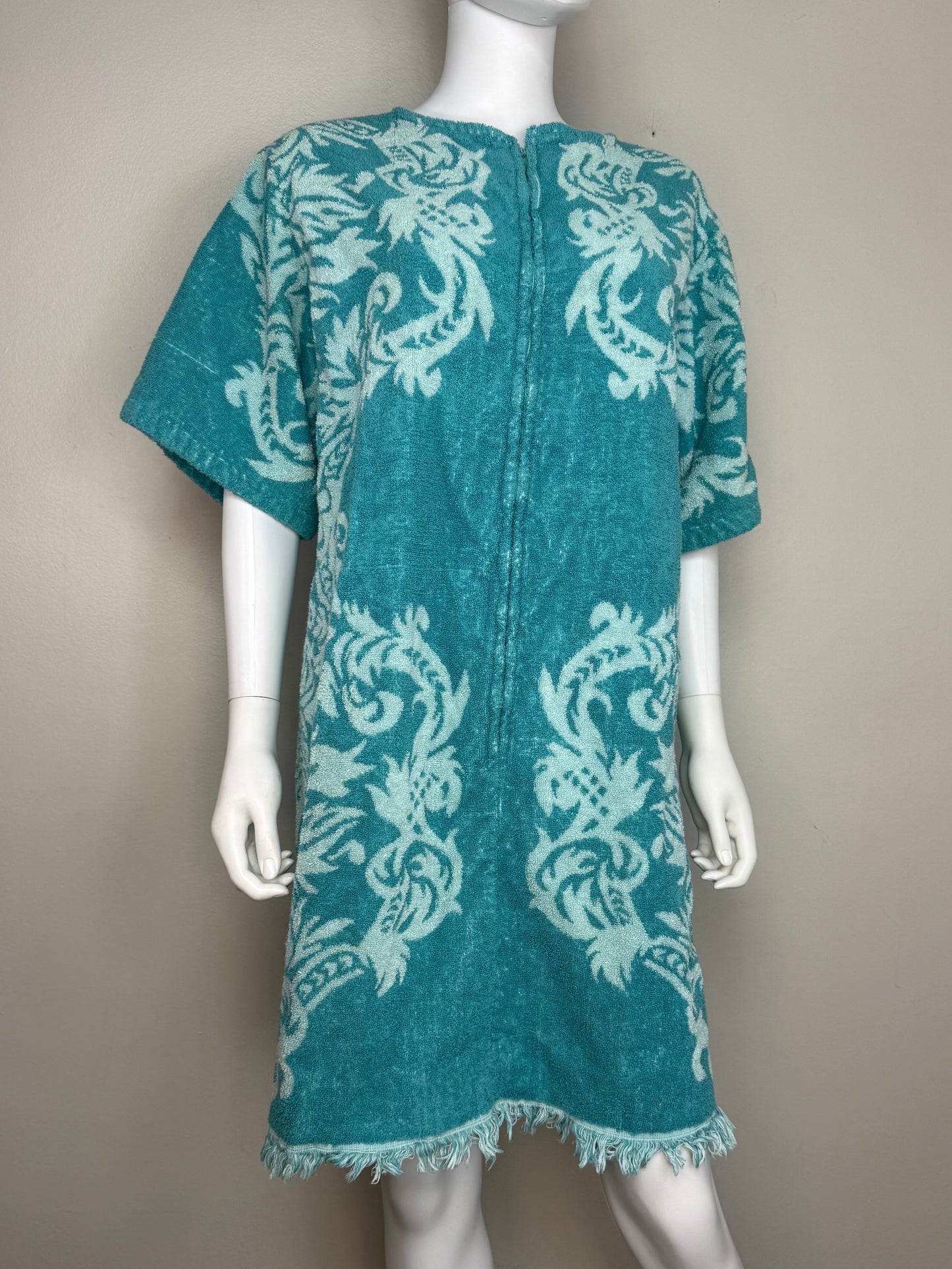 1960s/70s Teal Towel Dress, Gold Crest by Cone, Swim Beach Cover Up Size Small-Medium
