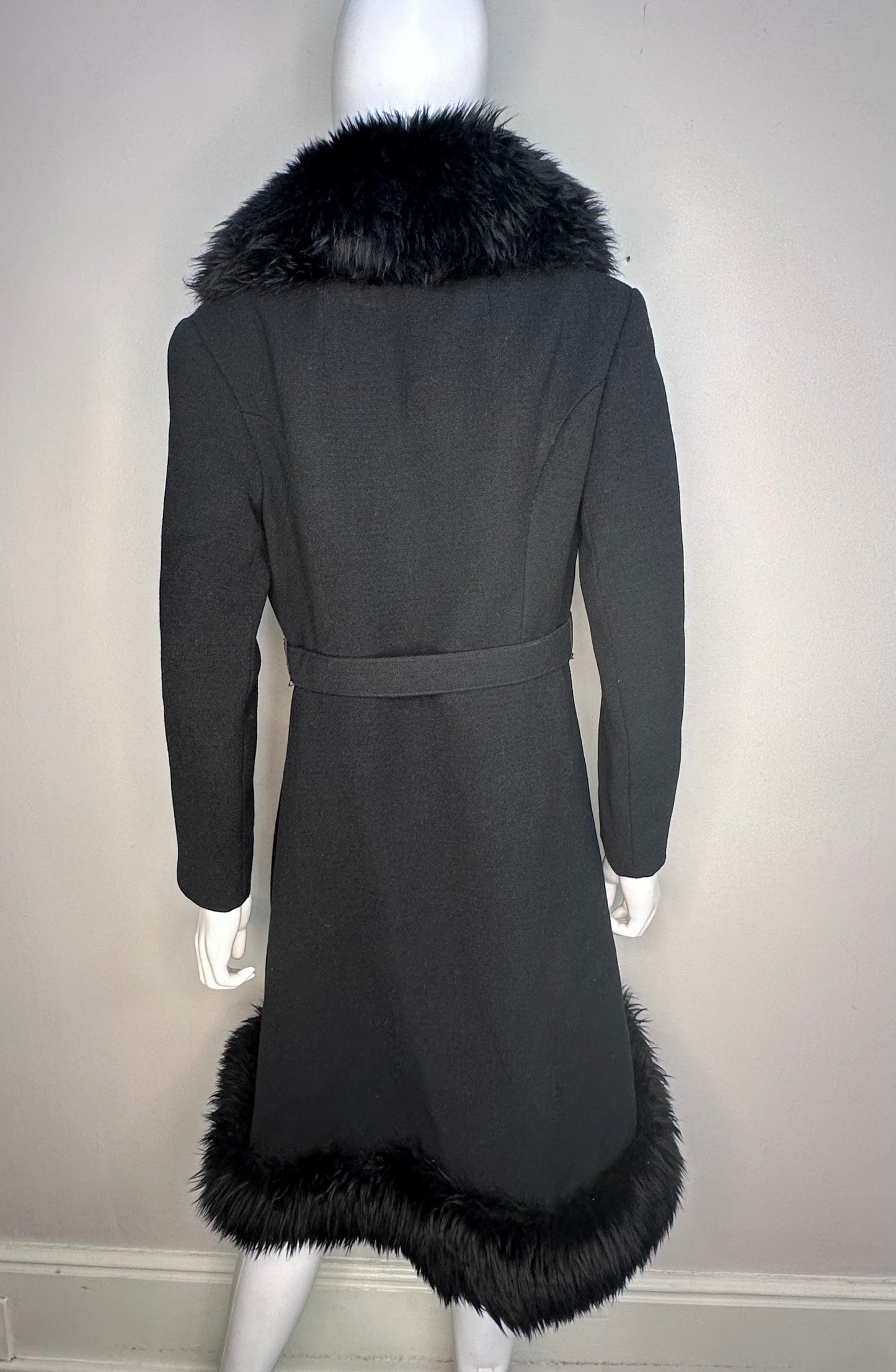 1960s/70s Black Belted Coat with Fur Trim, Richard Shops, Mono London Size XS-Small