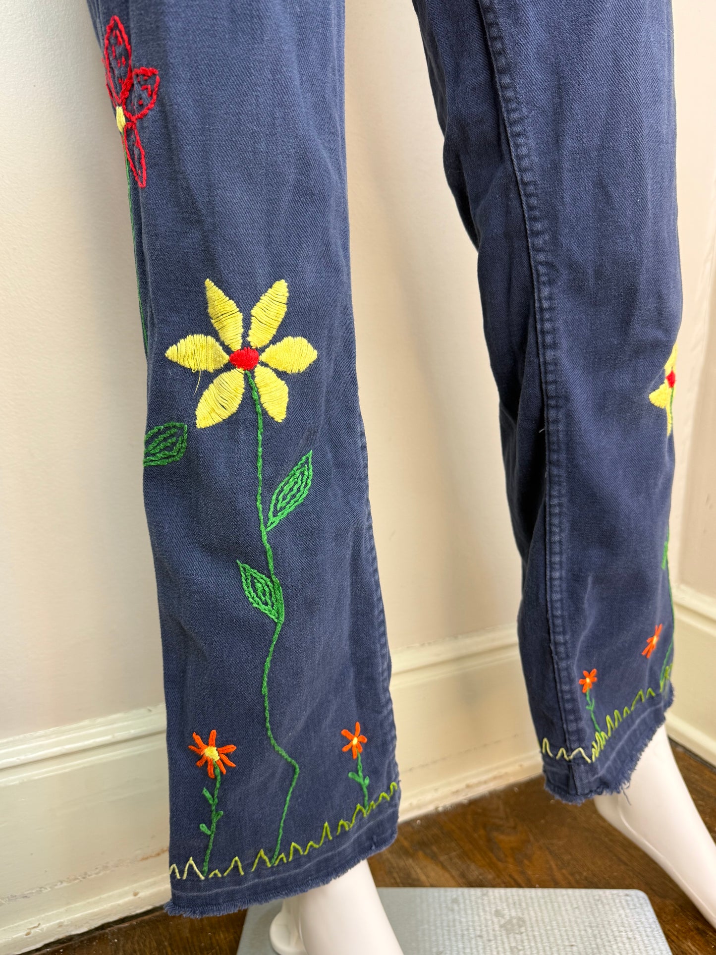 1960s Wrangler Jeans with Floral Embroidery, Low Rise, Flare Leg, Navy Brushed Denim, Hand Embroidered, 26.5"x29"