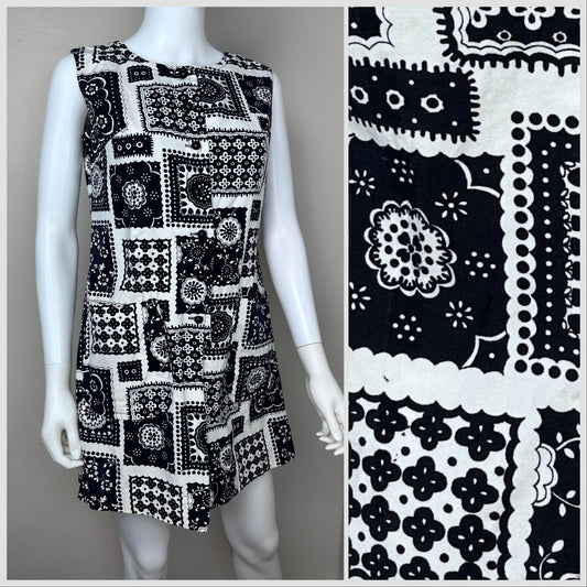 1960s Black and White Bandana Patchwork Print Romper, Sunny South Fashions Size Large