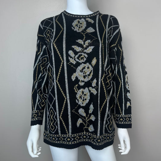 1980s Black Gold and Silver Metallic Floral Sweater, Dana Scott Size Medium