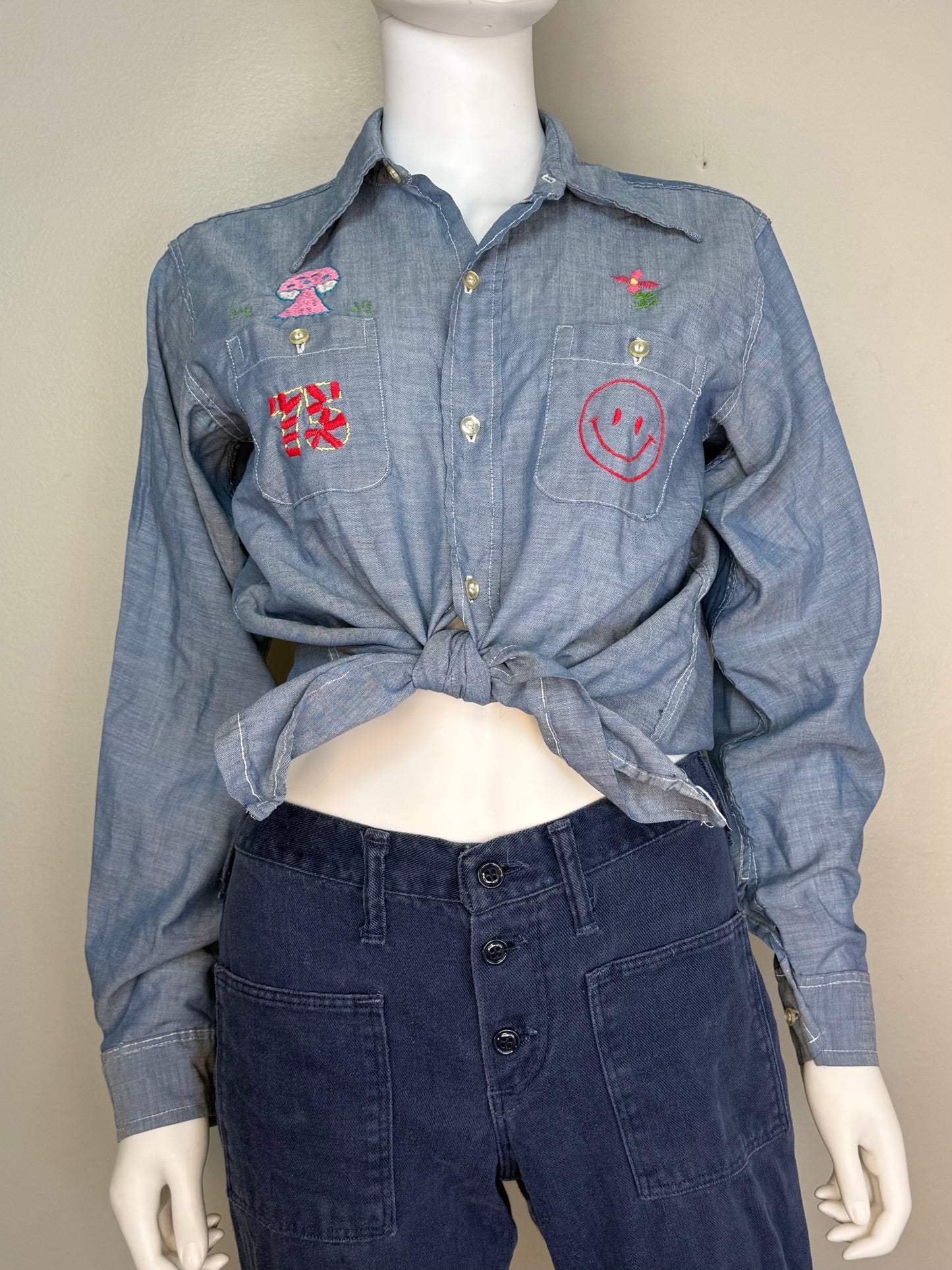 1970s Chambray Shirt with Embroidery, Size Small, Everything’s Fine, Shroom, Smiley, Hand Embroidered