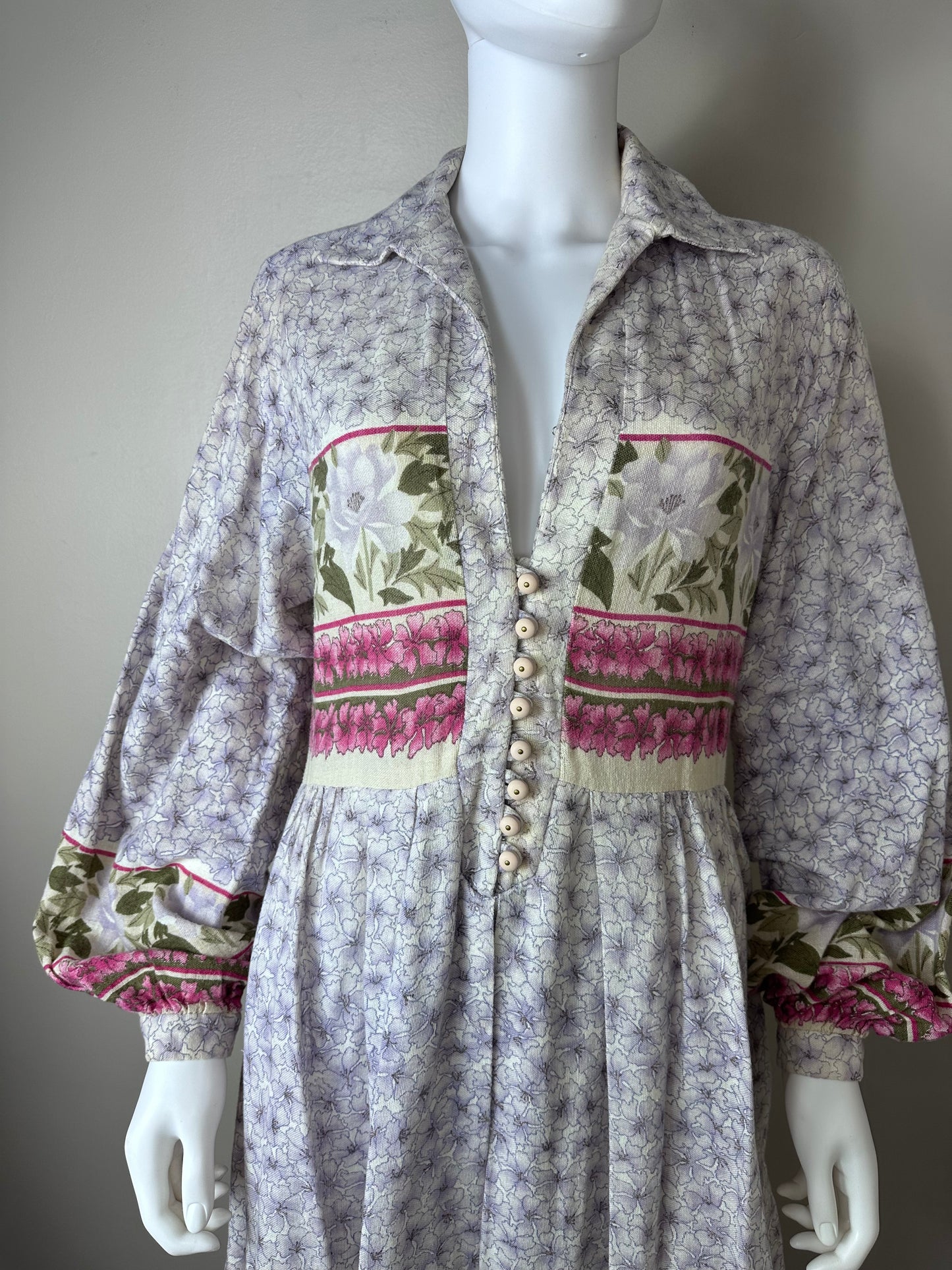 1970s Floral Border Print Dress, Size Medium