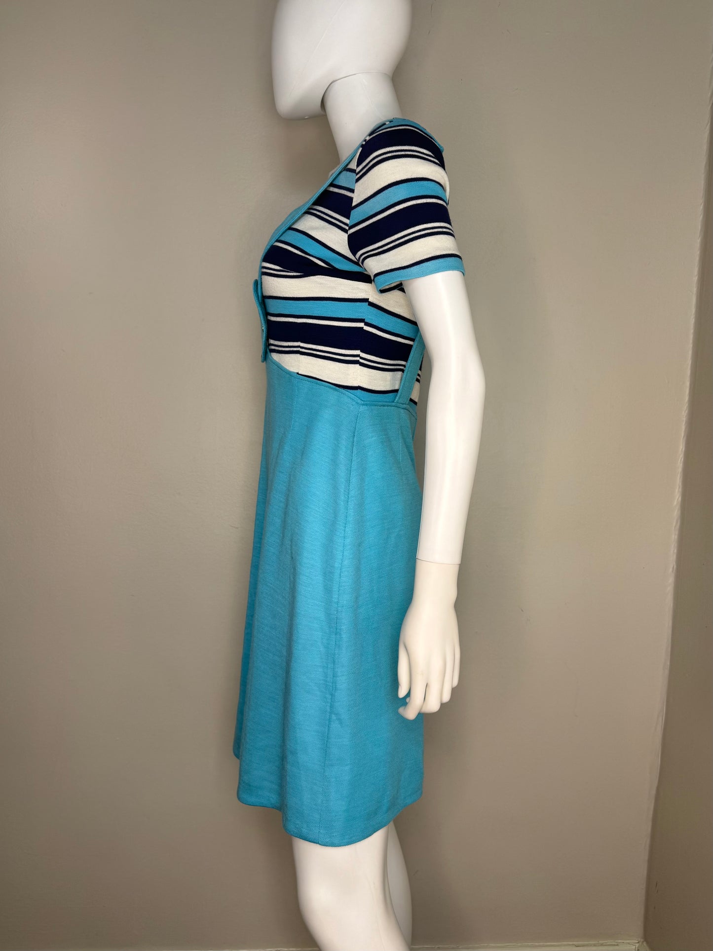 1960s Aqua Blue Mod Mini Dress, Size XS/Small, Faux Overall Jumper, Stripes