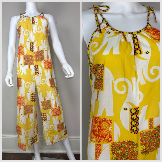 1970s Elephant Print Jumpsuit, Ronnie Jama Cotton Loungewear Romper Size Small