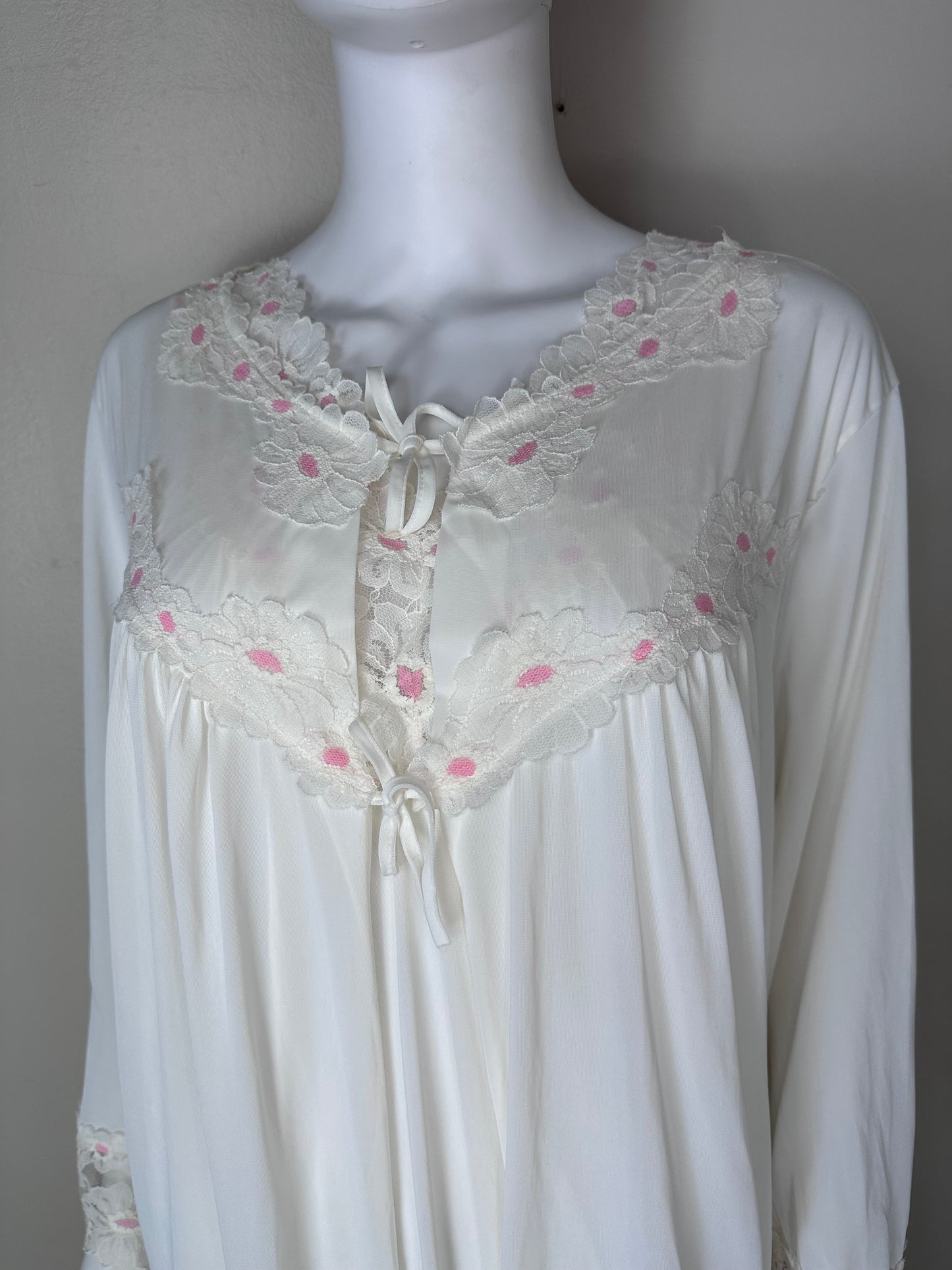 1960s/70s White Nylon Peignoir Set with Pink and White Floral Lace, Perfectform Size XL, Nightgown and Robe, Bell Sleeves