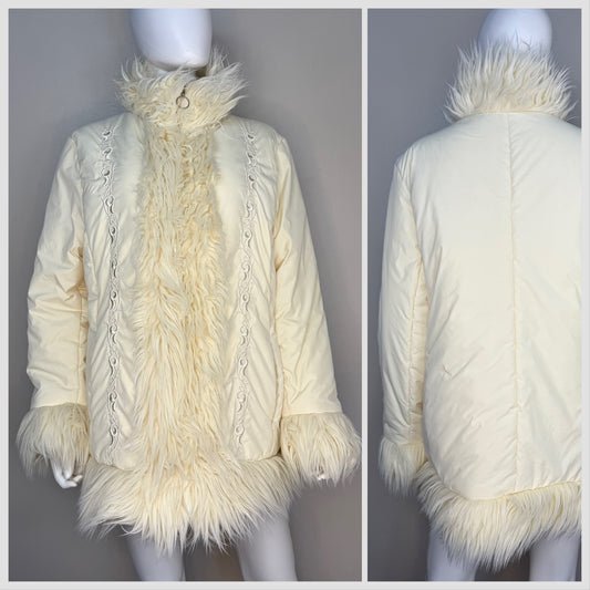 1990s/Y2K Cream Faux Fur Penny Lane Puffer Coat, Embroidered, Basic Editions Size X-Large