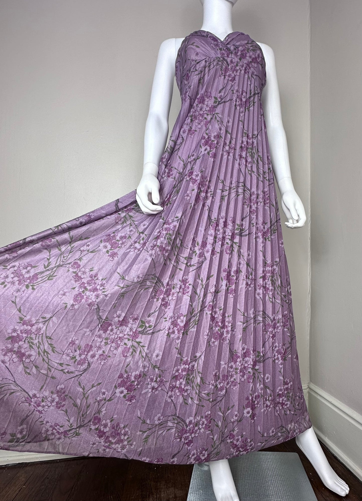 1970s Purple Floral Halter Maxi Dress, Size XS