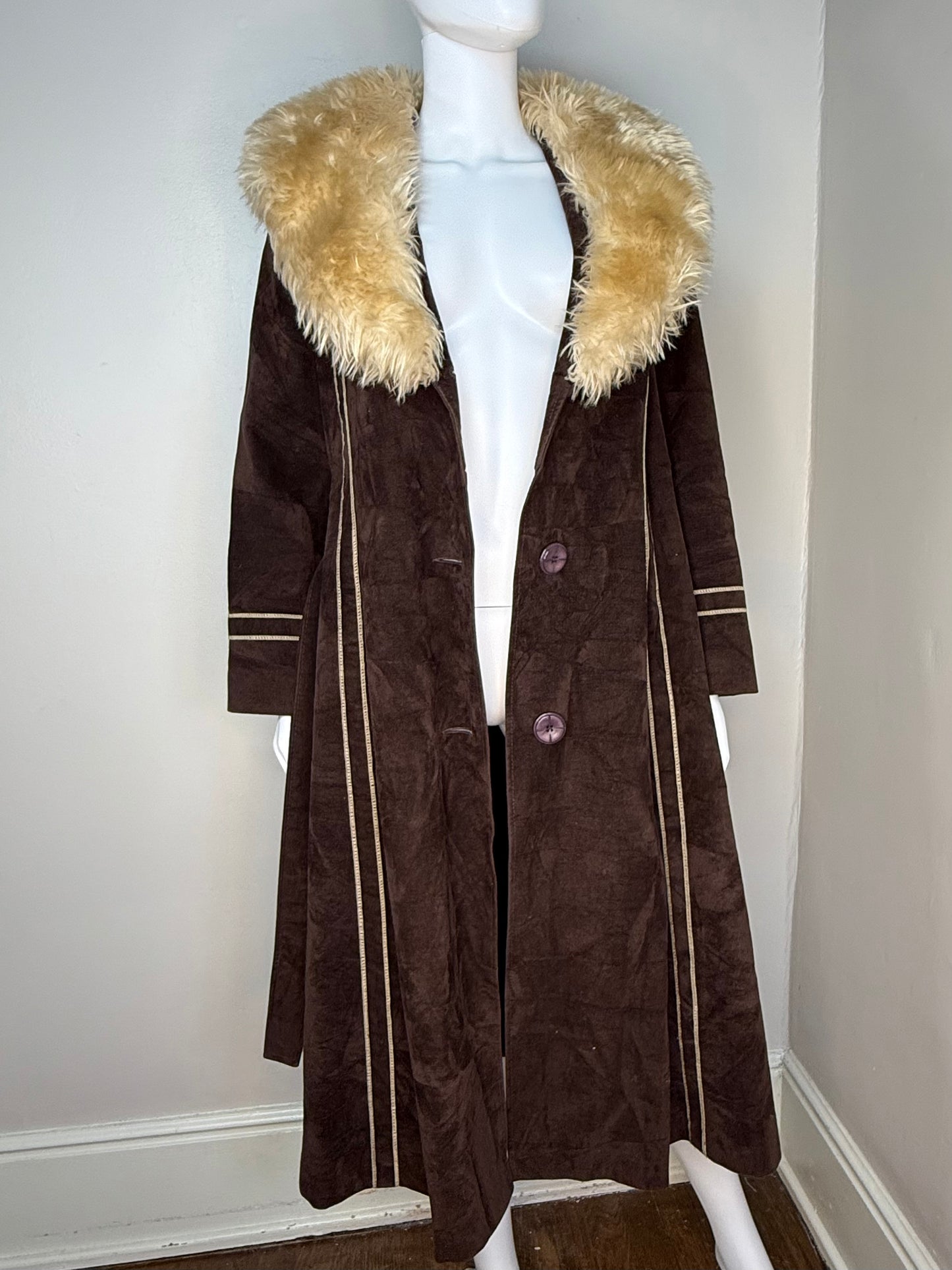 1970s Brown Velvet Coat with Faux Fur Collar, Size Small, Penny Lane