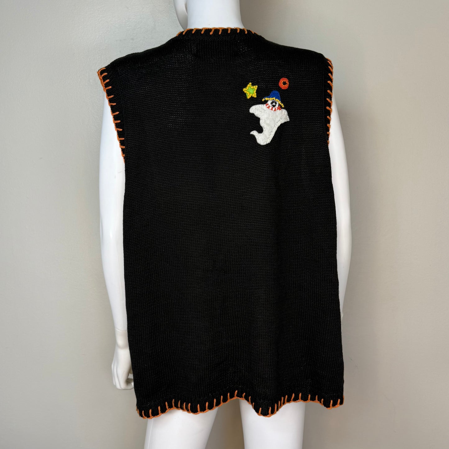 Y2K Halloween Sweater Vest Cardigan, Tiara International Size XL, 2002, Ghosts Applique, Spider Web Embroidery