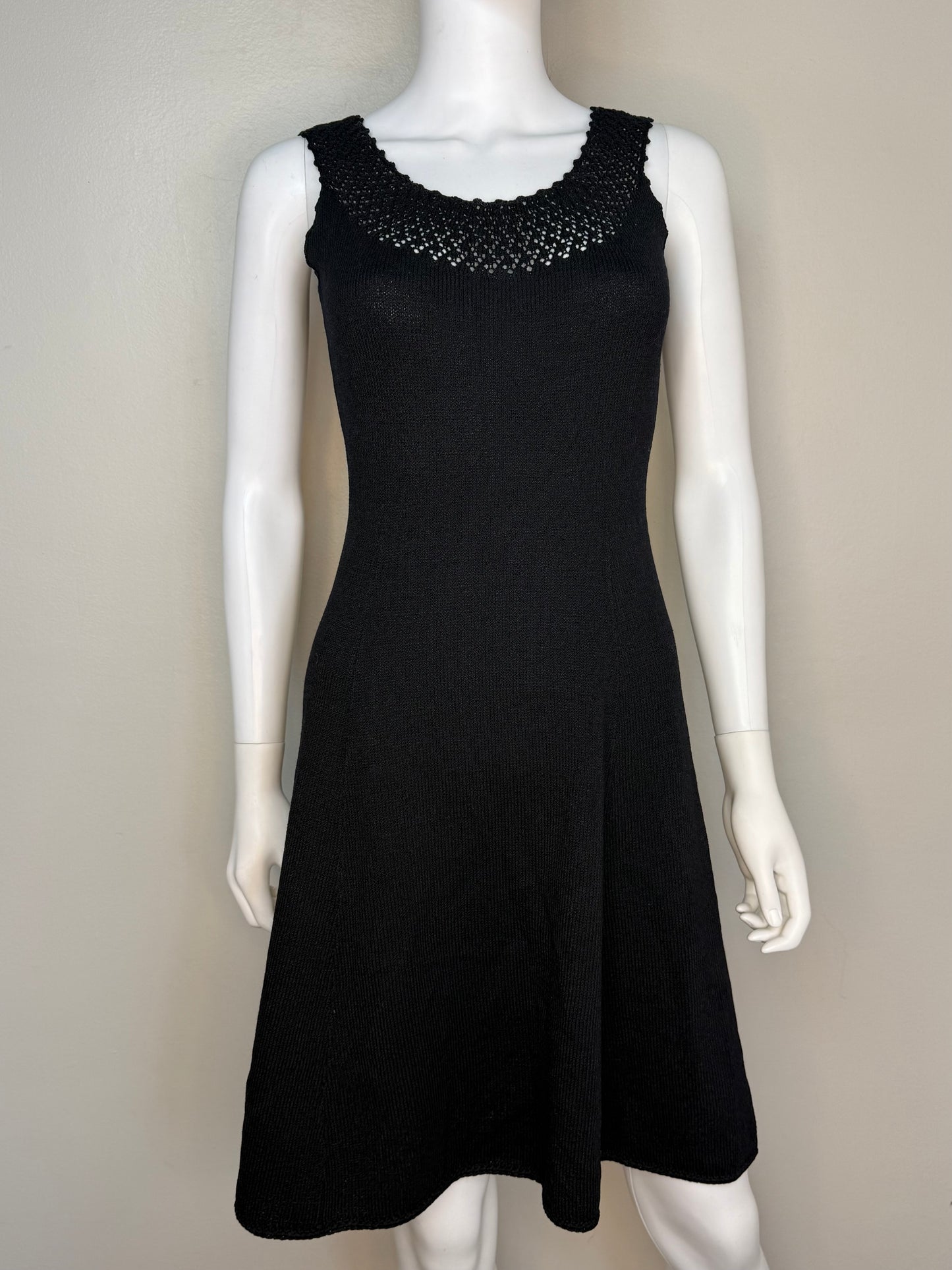 1960s/70s St John Knits Black Sleeveless Sweater Dress and Matching Short Sleeve Cardigan, Size X-Small