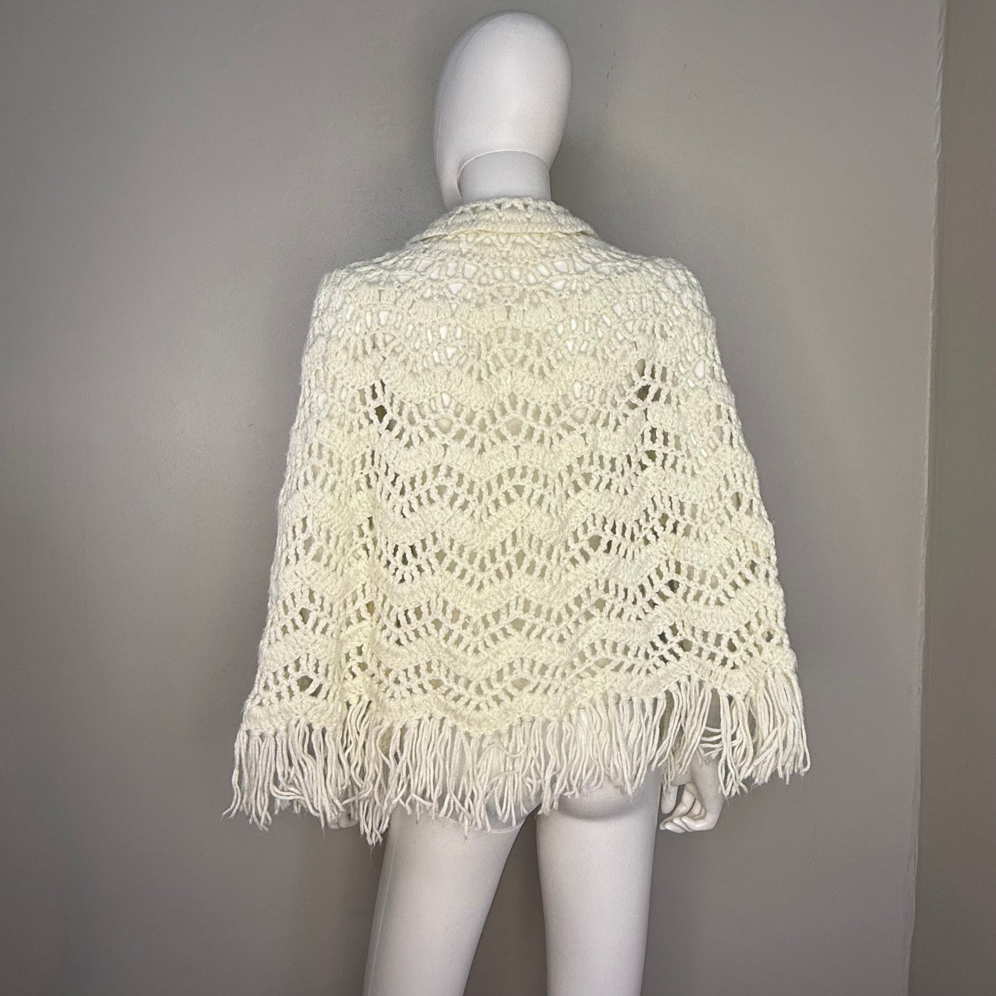 1970s Off White Crochet Cape w/Fringe, Poncho, Button Front Collar Boho Sweater