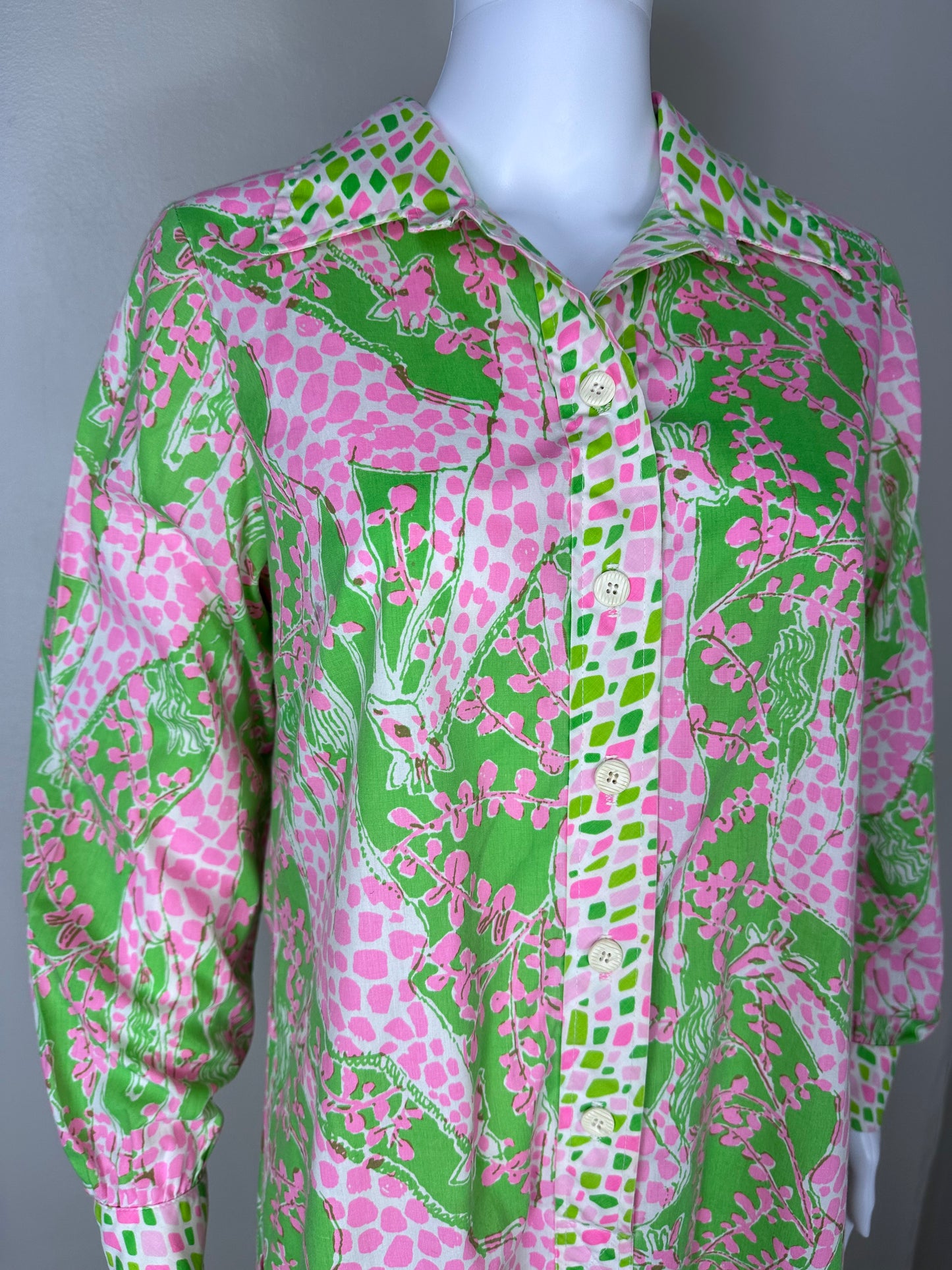 1970s The Lilly Pulitzer Shirt Dress, Size M/L, Giraffe “Babbie” Print, Pink and Green