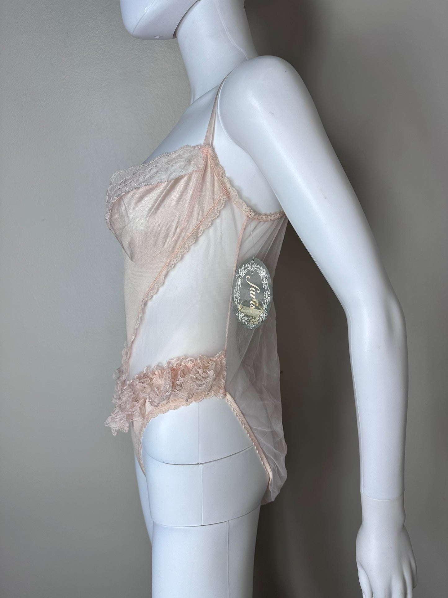 1990s Sheer Pink Teddy Lingerie, Faris Size Medium, Deadstock