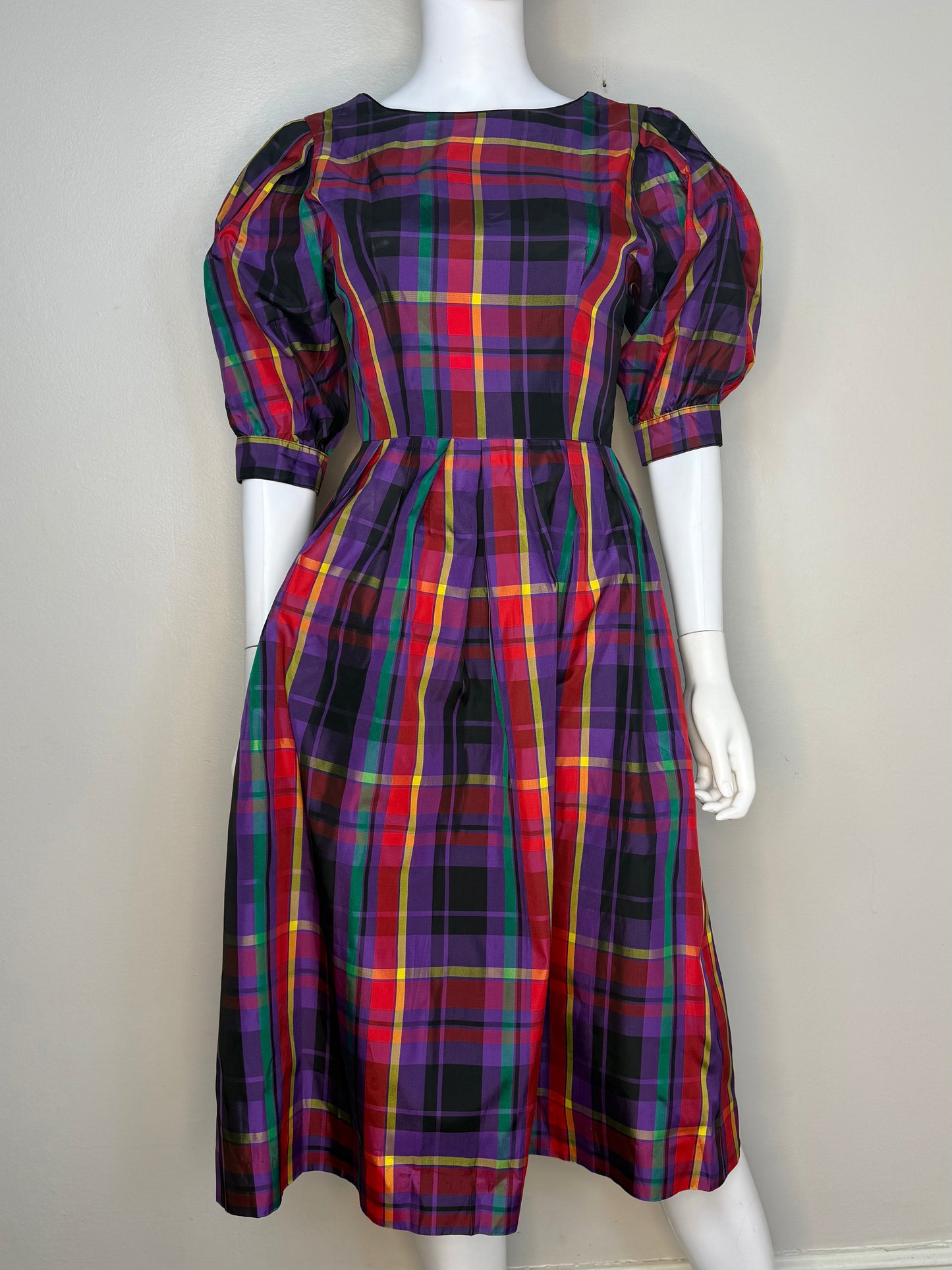 1980s Jewel Tone Plaid Taffeta Dress with Huge Puffed Sleeves, Lanz Size X-Small