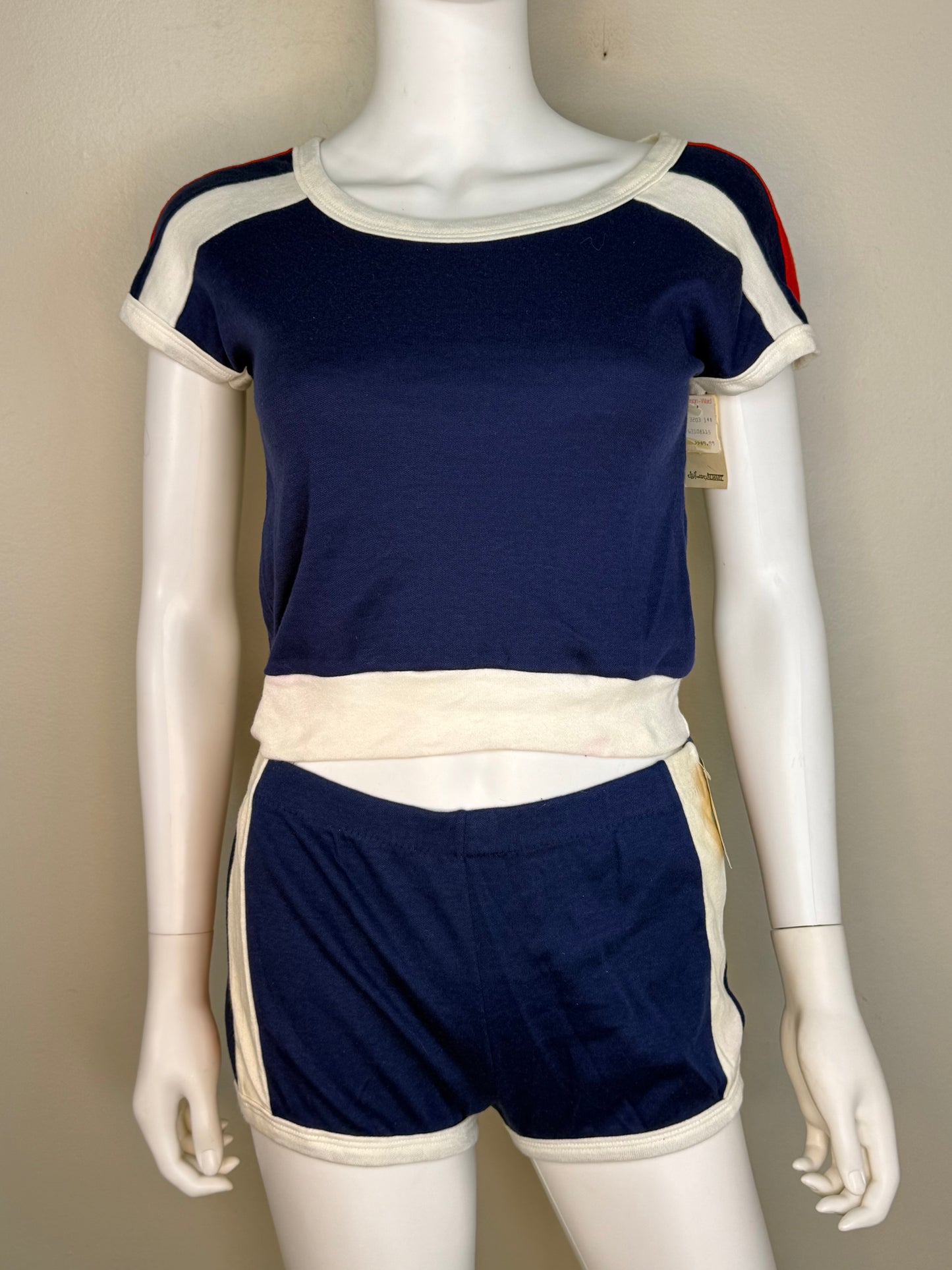 1970s/80s Blue Knit Top and Shorts Set with Red and White Stripes, Size XS-Small, Deadstock