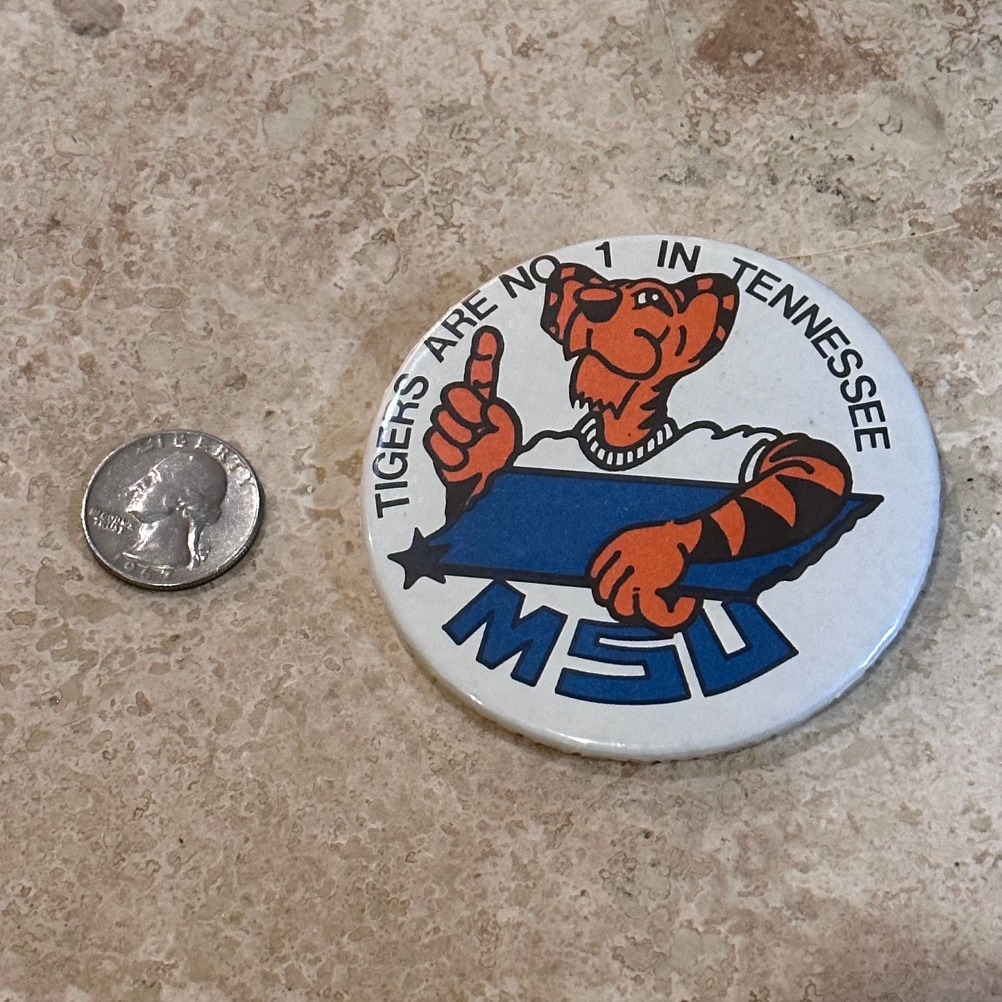 1980s MSU Tigers are #1 in Tennessee Pinback Button, Memphis State University, 3”