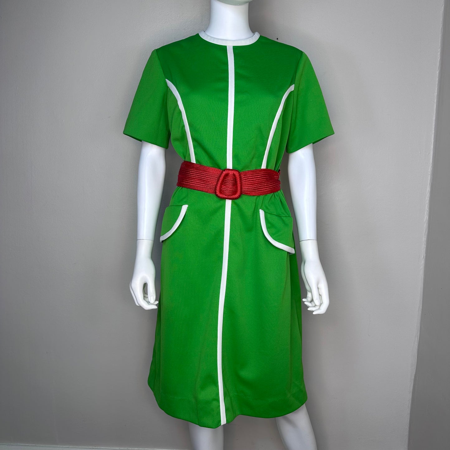 1970s Mod Green Dress with White Trim, Brook Hollow Size Large