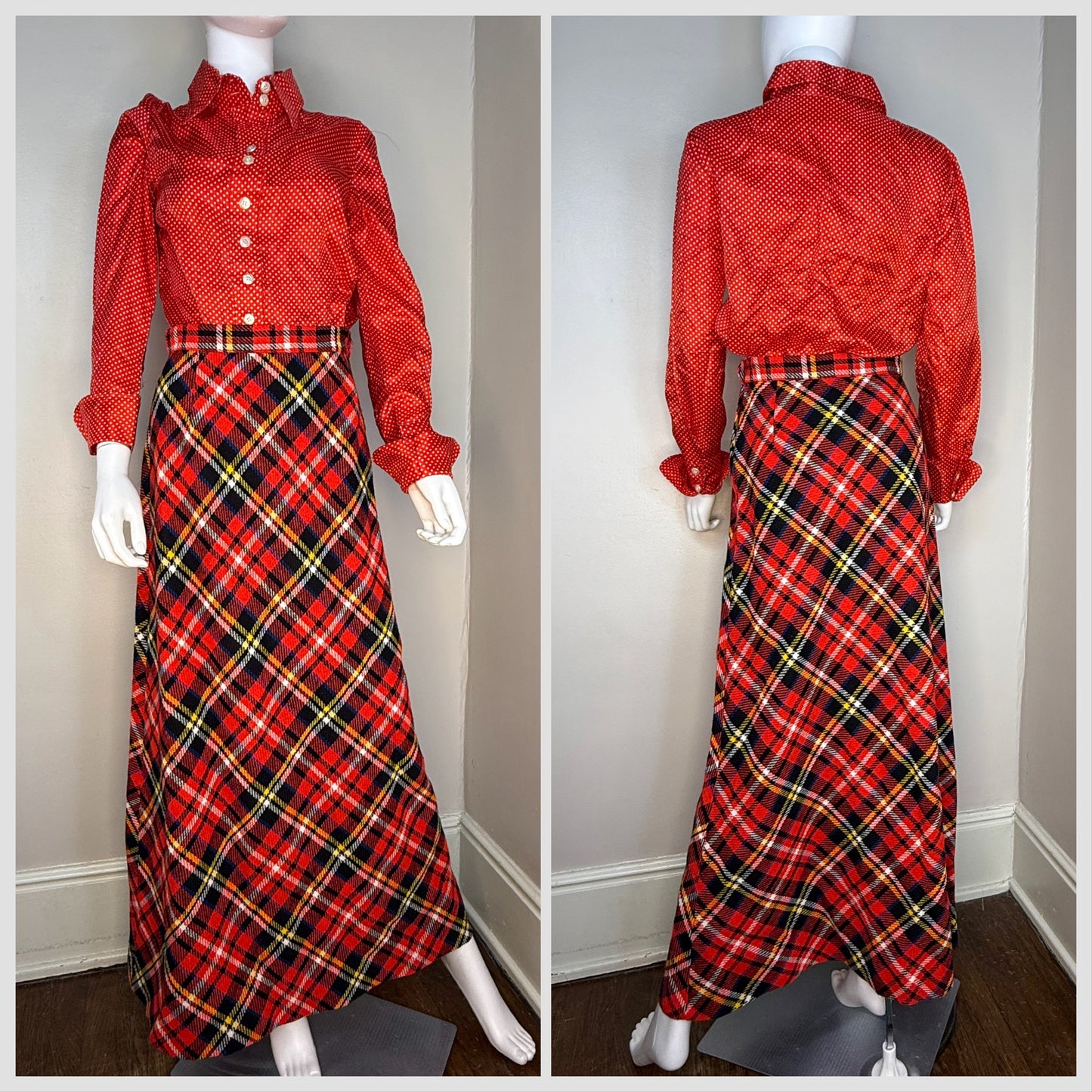 1970s Red Plaid Maxi Skirt, Size XS/Small