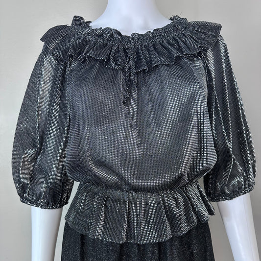 1970s Black and Silver Lurex Peasant Top, Stoplight California Size Large