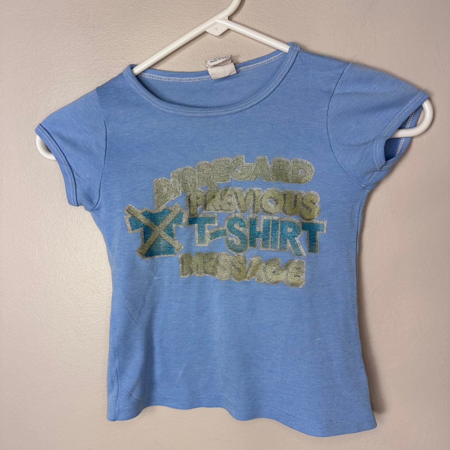 1970s Disregard Previous T-Shirt Message Tee, Kids Size 6/7, Glitter Iron On