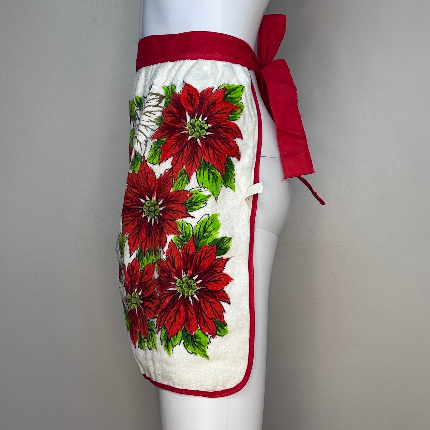 1960s Christmas Poinsettias Half Apron, Terry Cloth, New Old Stock