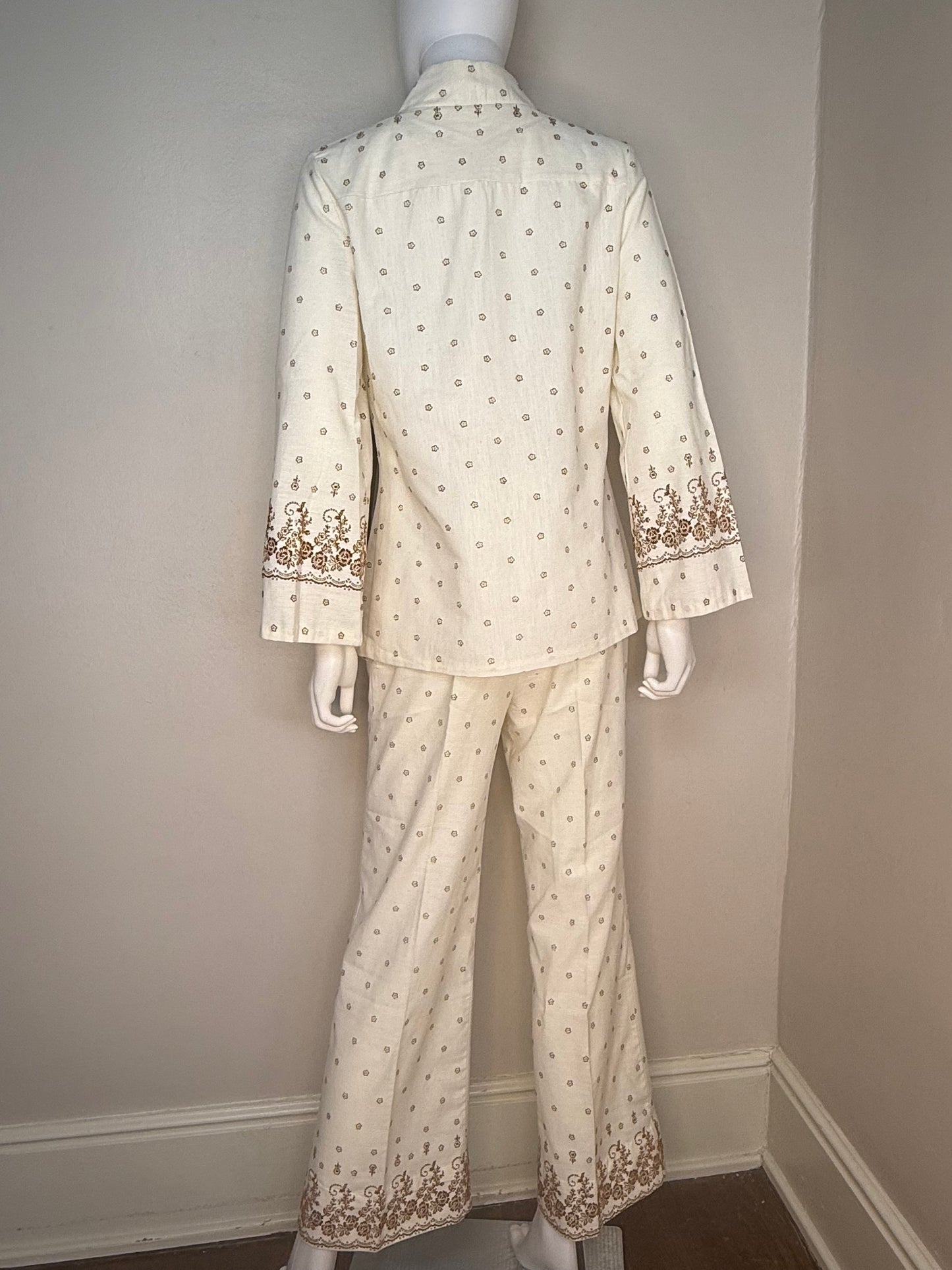 1970s 3 Piece Pant Suit, Cream and Brown Flocked Floral Border Print, Halter Top, Slacks, Asian Inspired Shirt Jacket, JC Penney Fashions Size XS/Small