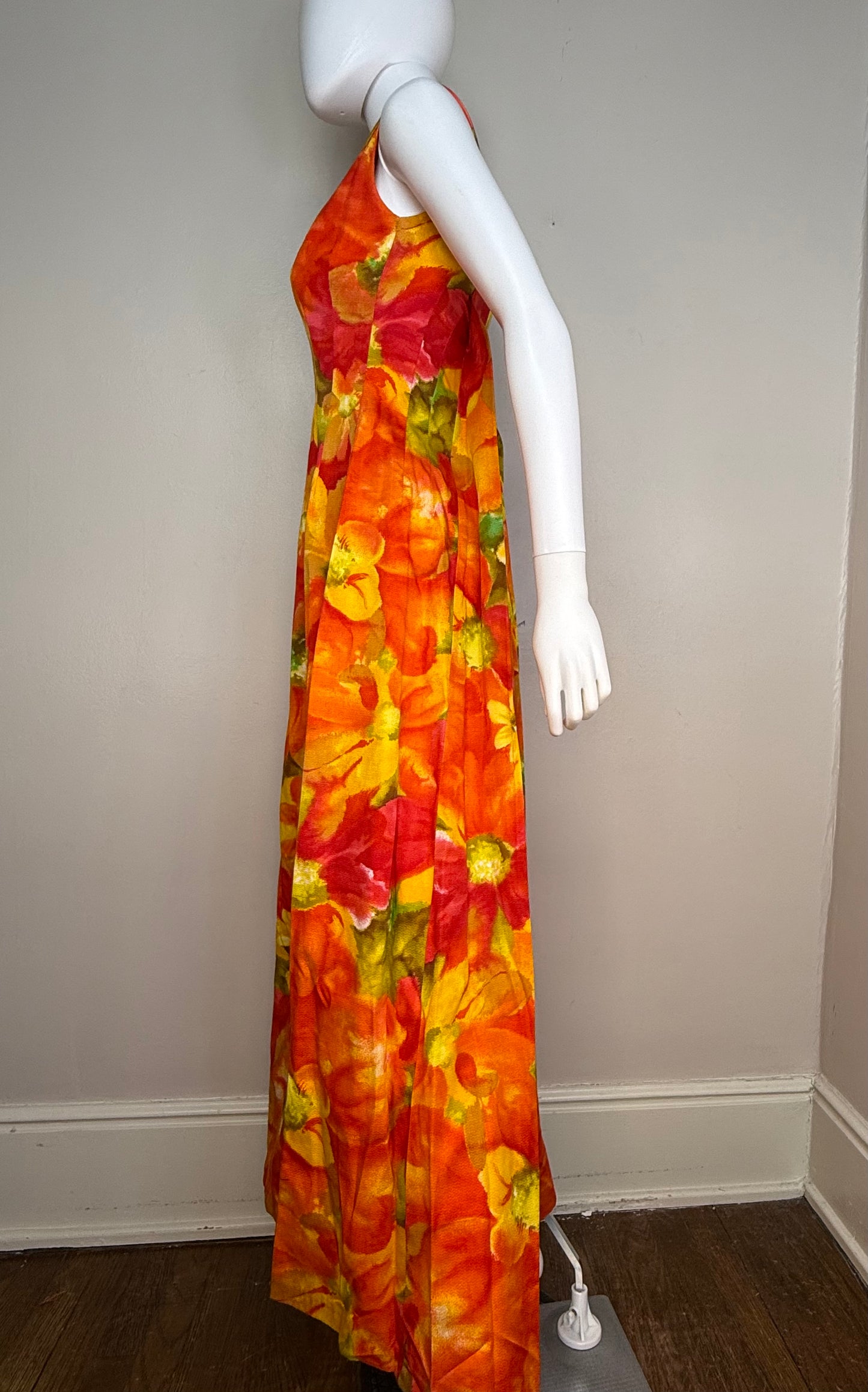 1960s Orange Hawaiian Floral Sleeveless Maxi Dress, Karen Ann Hawaii Size XS/Small, Cotton