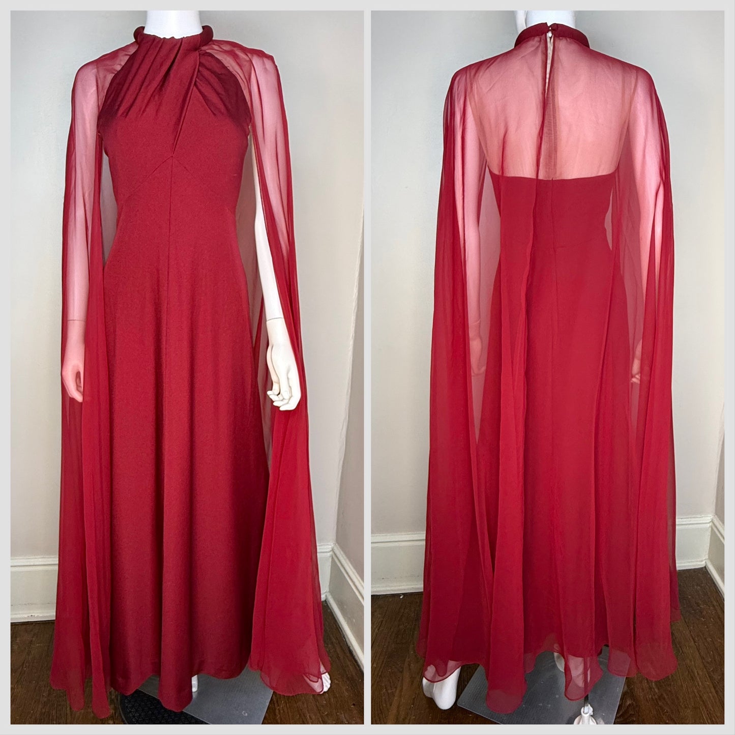 1970s Red Maxi Dress with Sheer Cape, Miss Elliette Size XS