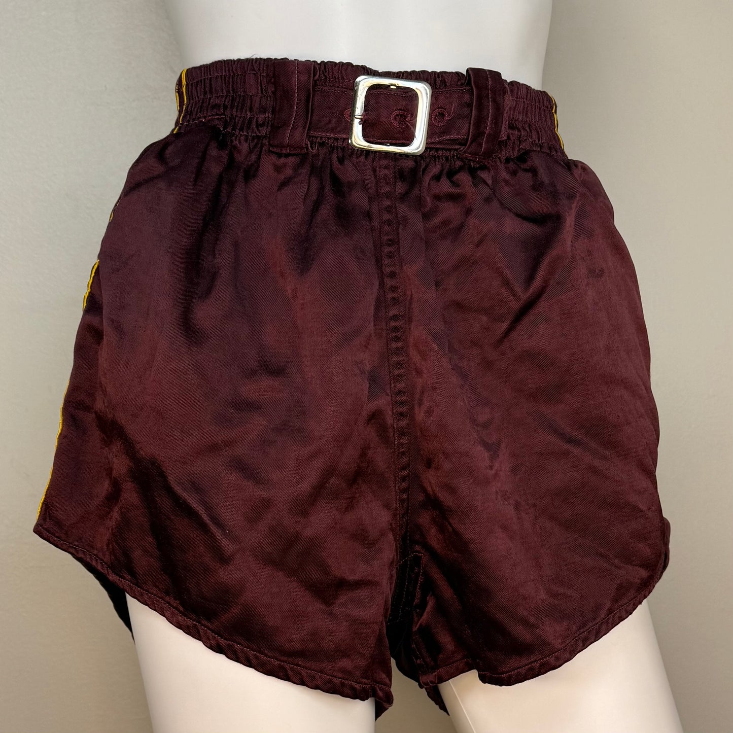 1950s Burgundy Athletic Shorts with Gold Stripes, Belt, Padded Hips, Oliver Bros Phila Pa Athletic Wear Size Small, Basketball? Boxing? Wrestling?