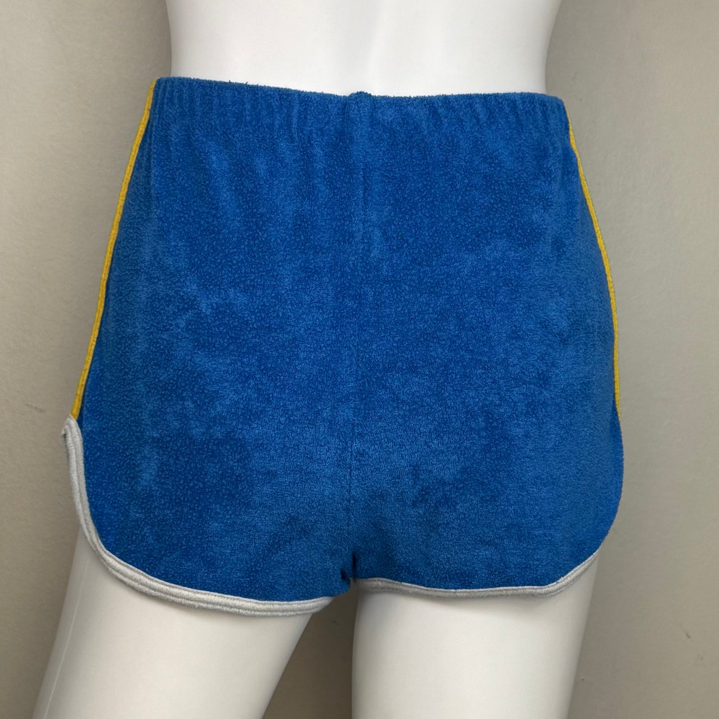 1970s Blue Terry Cloth Shorts with Yellow Side Stripes, Sears Jr Bazaar Size X-Small