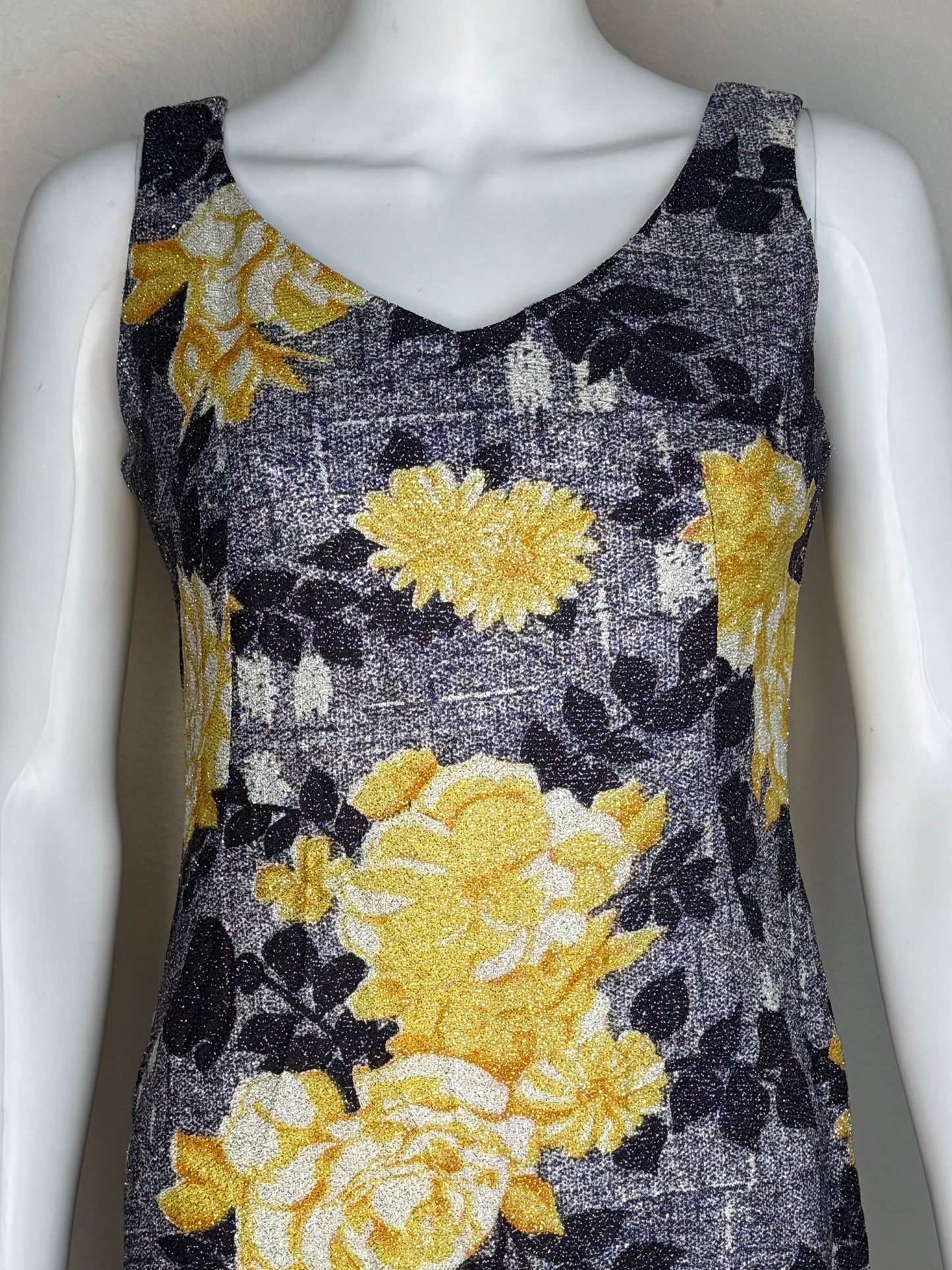 1970s Yellow Rose Print Lurex Maxi Dress, Size Medium