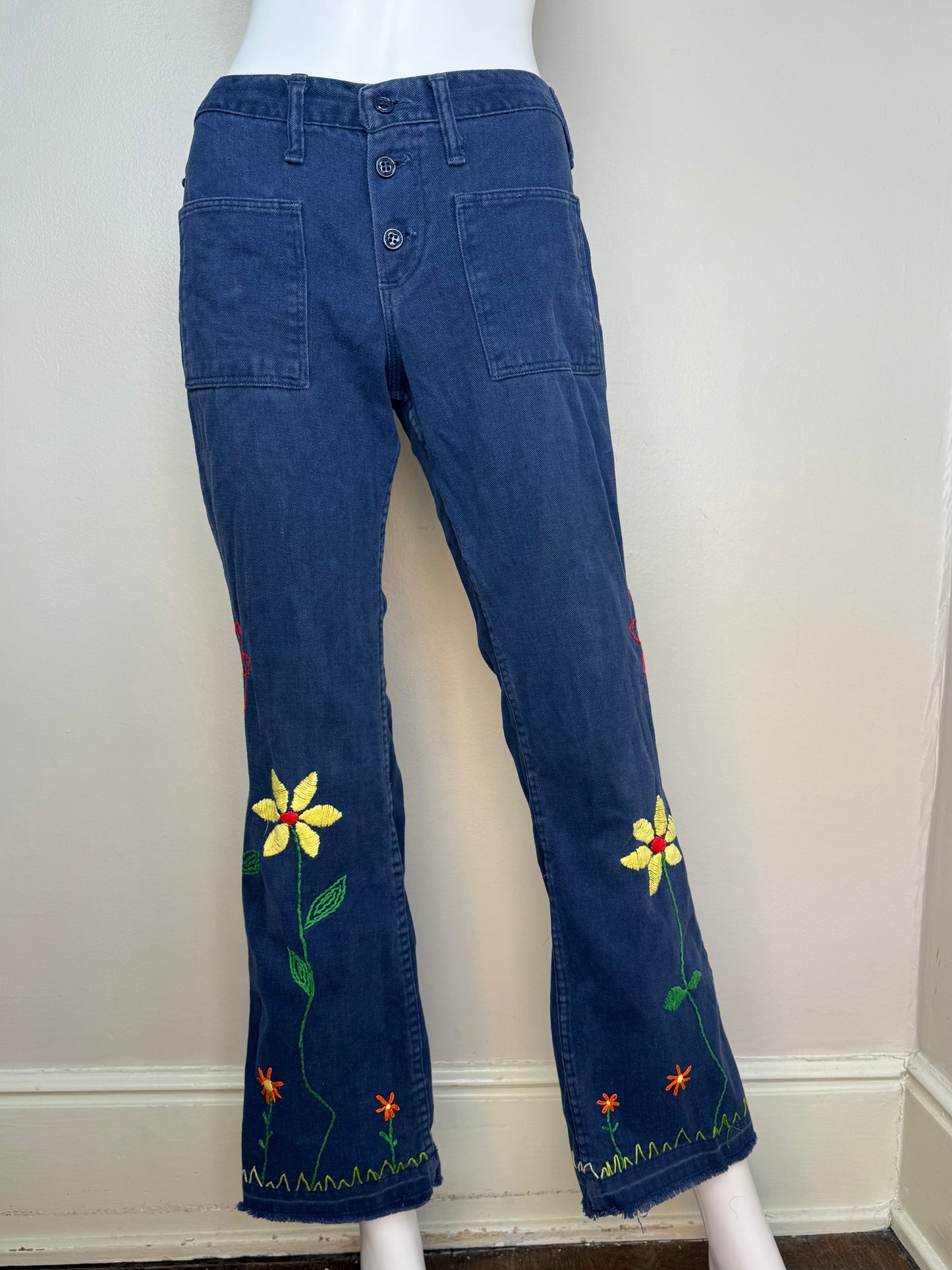 1960s Wrangler Jeans with Floral Embroidery, Low Rise, Flare Leg, Navy Brushed Denim, Hand Embroidered, 26.5"x29"